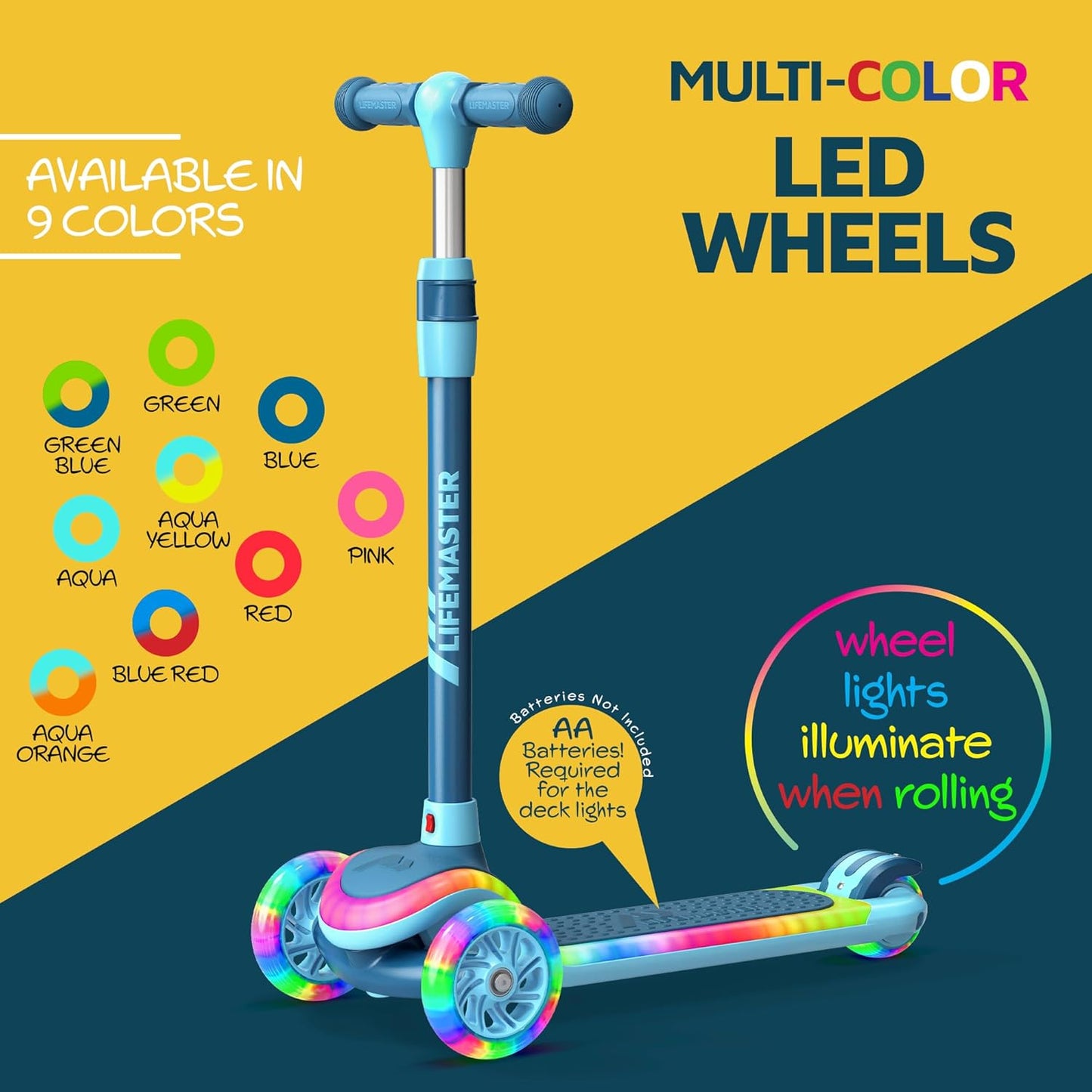 Skiennix 3-Wheel Kids Scooter - Adjustable Handlebar & Multi-Color Lights | Safe for Ages 3+, Supports 150 lbs