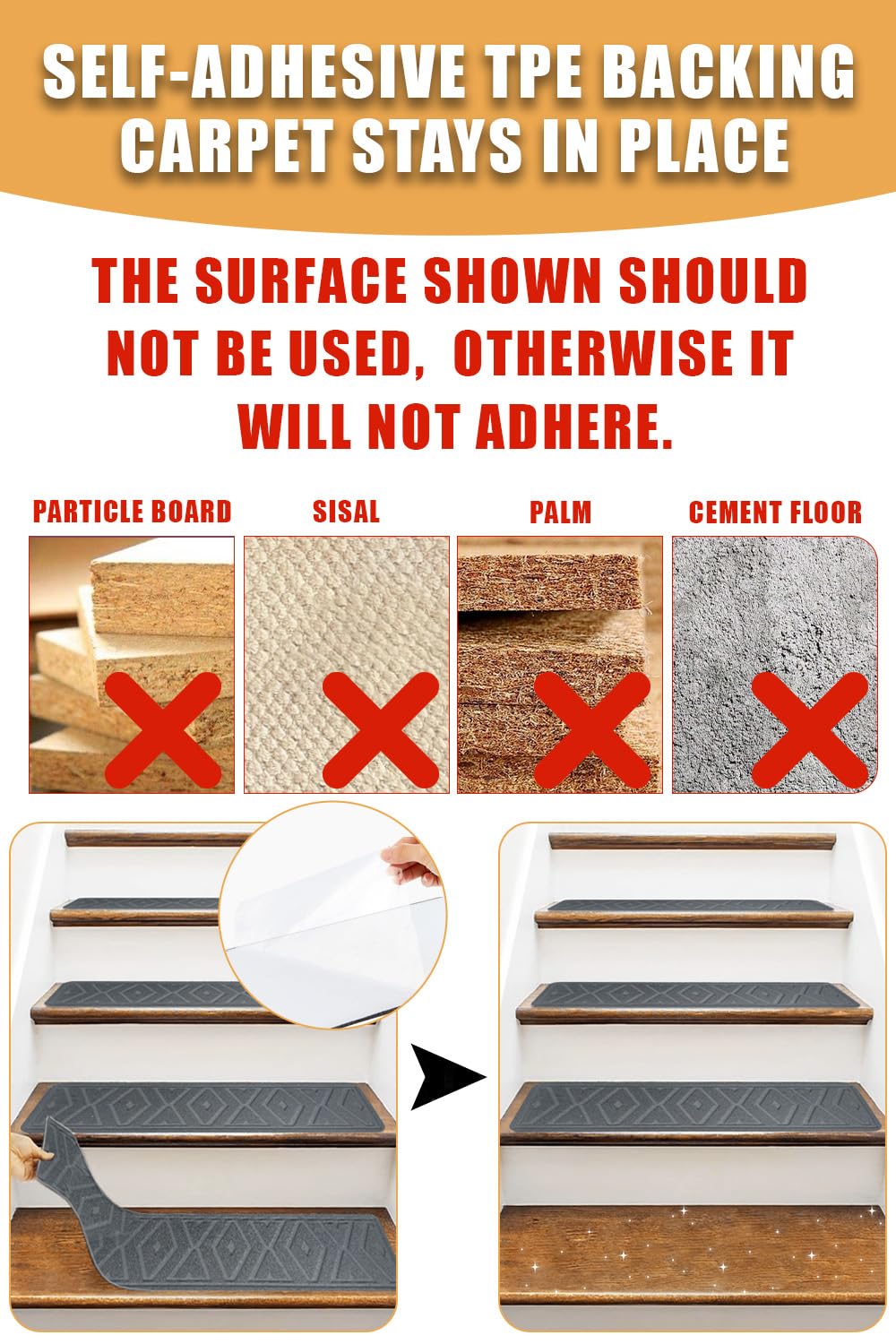 5 PCS 8”x30” Stair Treads Non-Slip for Wooden Steps, Peel and Stick Stair Carpet Indoor, Washable Step Treads with Reusable Adhesive 5PCS (Grey)