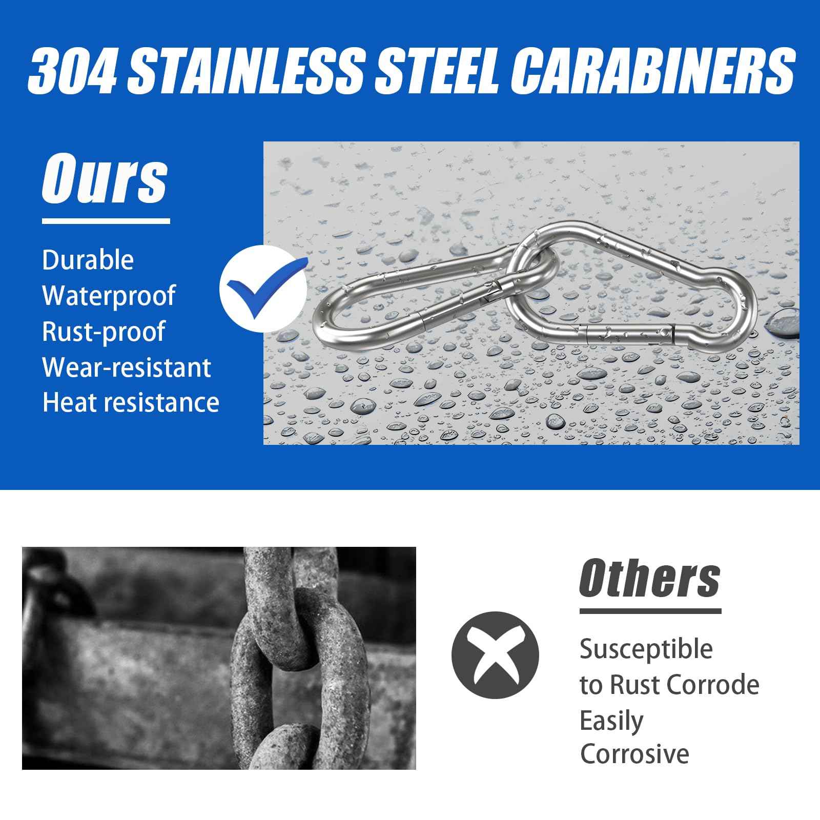 Small Carabiner Clip Hooks, 10pcs 2.75 inch Carabiners Heavy Duty, 304 Stainless Steel Spring Snap Hook Fits Camping Hiking, Metal Clips for Rope Chain Keys Rings