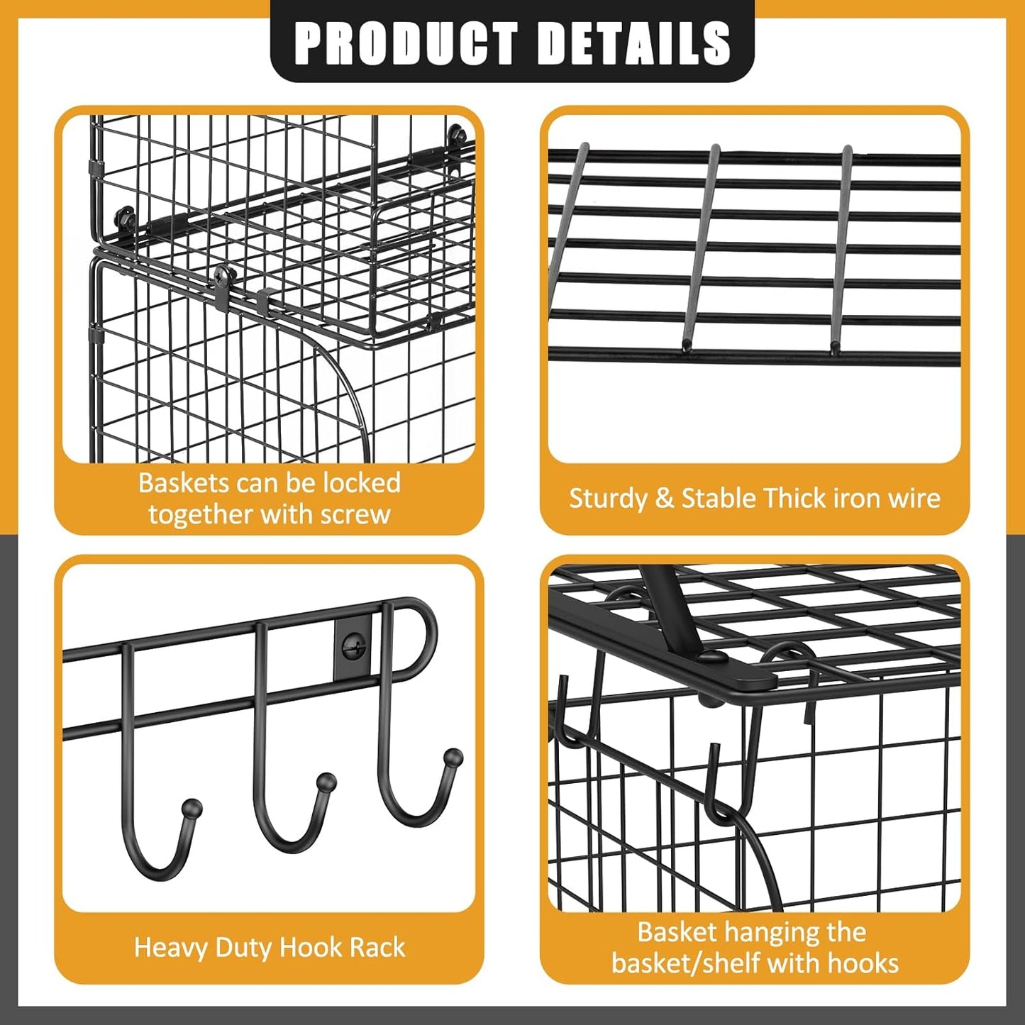 Heavy-Duty Wall-Mounted Garage Shelves with Wire Baskets & Hooks - 2 Pack Tool Organizer for Home & Garden Storage