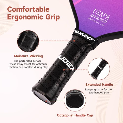 HUDEF Pickleball Paddle USAPA Approved, Lightweight Carbon Fiber Face and Polypropylene Honeycomb Core Pickleball Racket with Cover, Elongated Handle and Cushion Comfort Grip Pickle Ball Paddle Purple