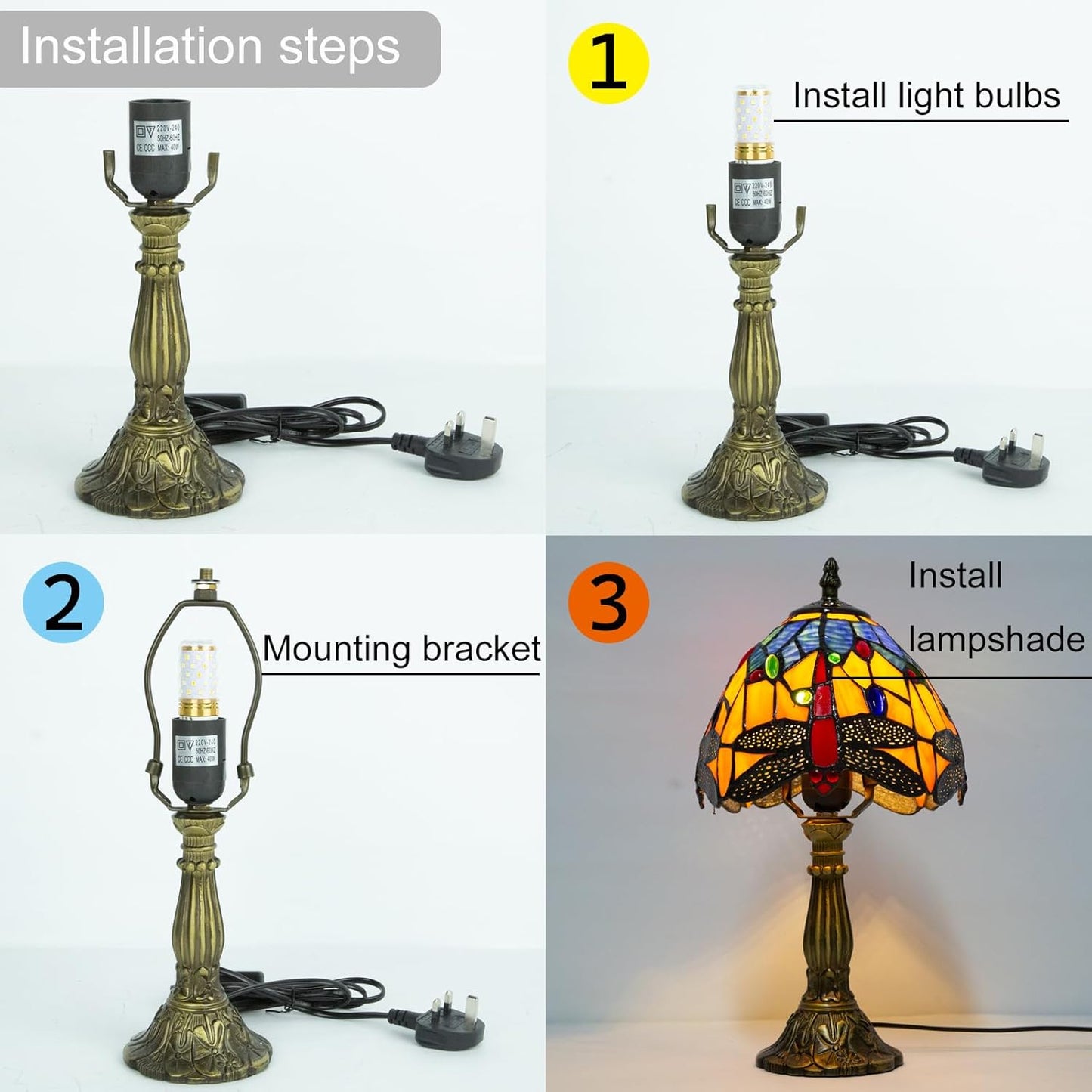 Tiffany Table Lamp - 8 Inch Antique Stained Glass, 3 Color Temperatures, Handcrafted for Bedroom & Living Room