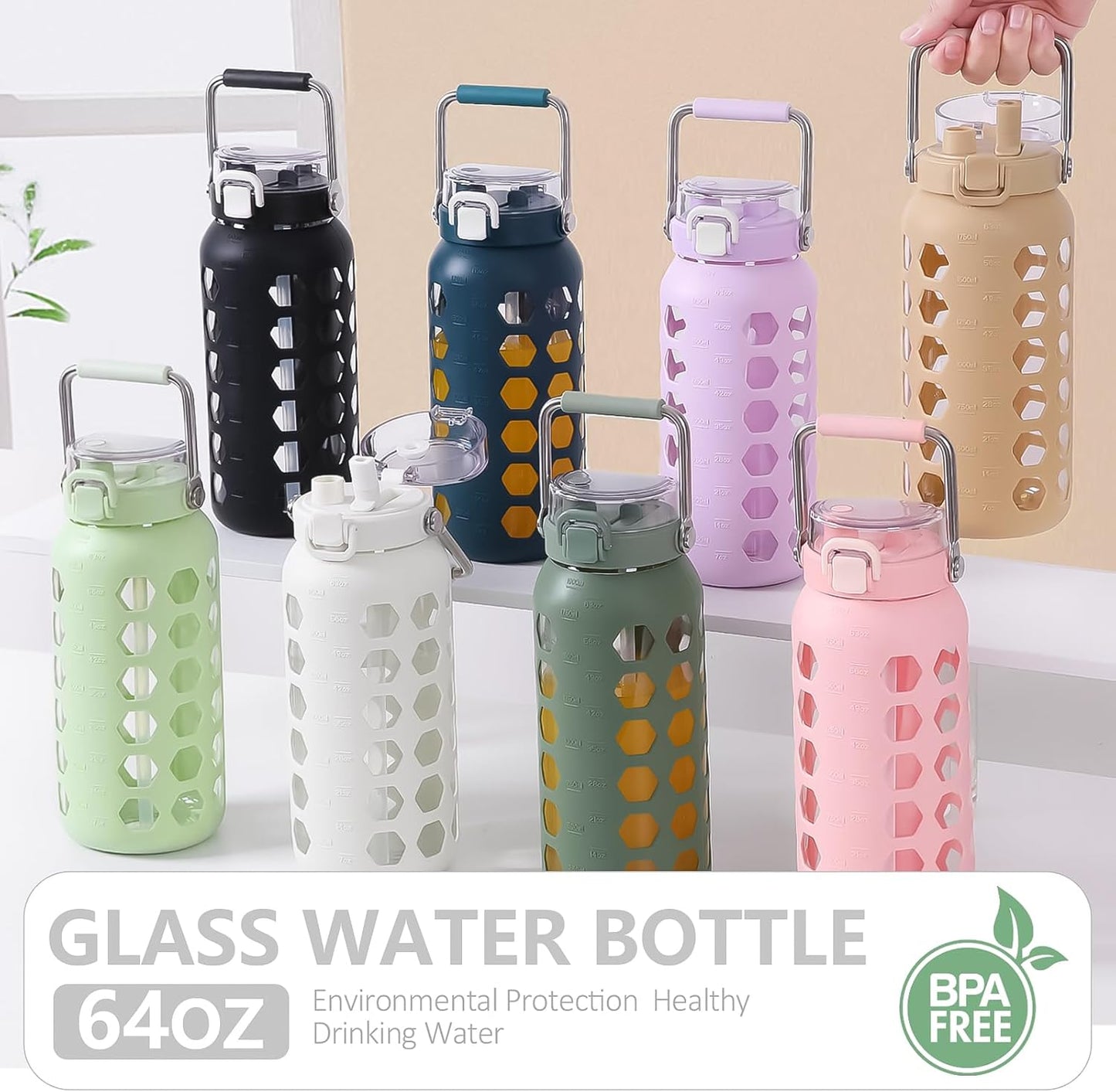 MUKOKO 64oz Glass Water Bottle - Half Gallon with Straw, Time Marker & Silicone Sleeve | Blue