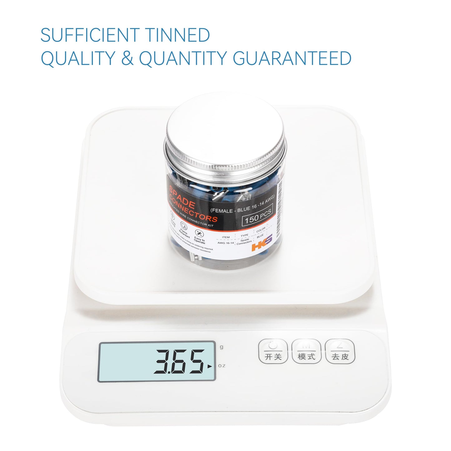 HKS 150PCS Blue Female Vinyl Insulated Spade Connectors, 16-14 AWG (1.5-2.0 mm²) Quick Disconnect Terminals, 4.8 mm (3/16") PVC-Sleeved Tinned Brass Wire Connectors Kit