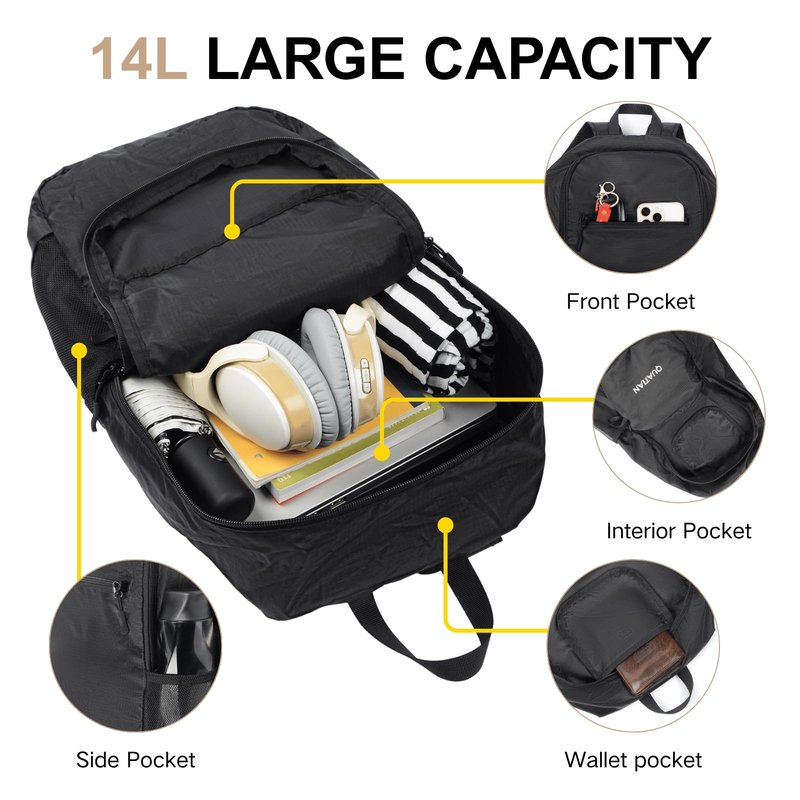 Quatian Lightweight Foldable Backpack – Water-Resistant Travel Daypack with Spacious Compartment & Front Pocket, Compact and Durable for Daily Use