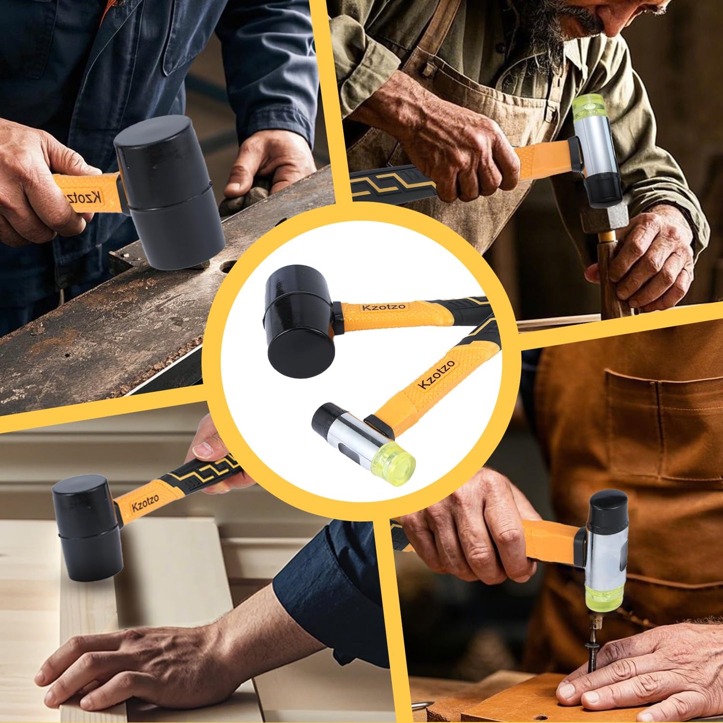 2-Piece Rubber Mallet Hammer Set, 8oz Rubber Hammer Mallet & 25mm Double-Faced Soft Mallet, Shockproof Fiberglass Handle with Cushion Grip, Damage-Free to Floor, Tile, Crafts