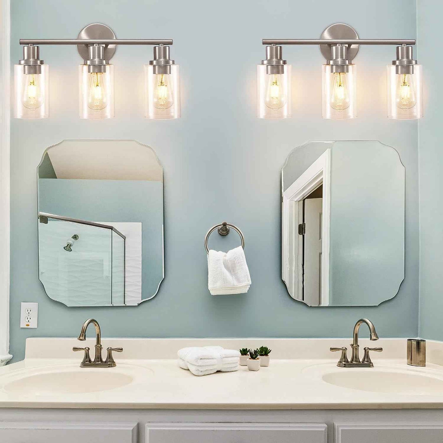 Modern Black 3-Light Bathroom Vanity Light Fixtures with Clear Glass Shades - 2 Pack