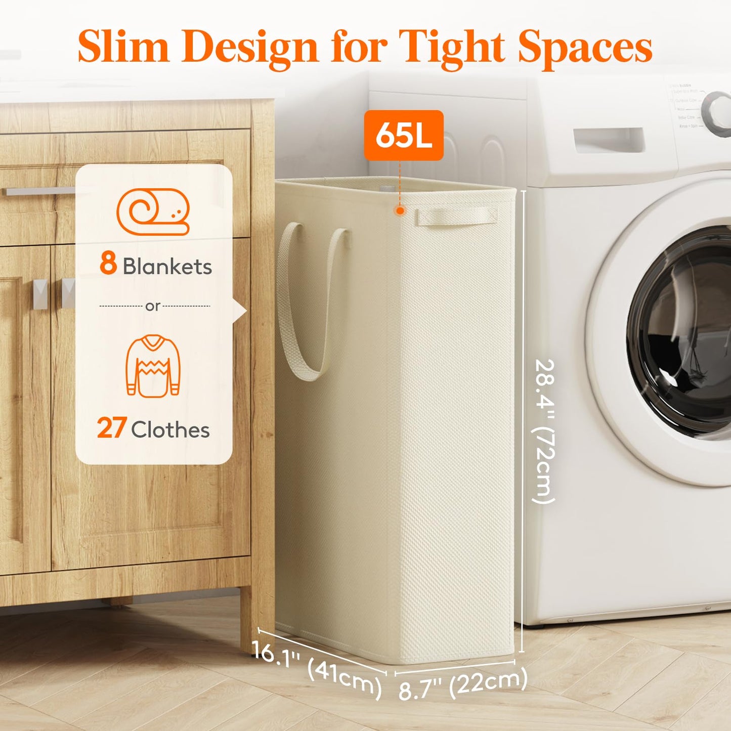 Lifewit 2 Pack Slim Laundry Hamper, Collapsible Narrow Laundry Basket, Small Tall Dirty Clothes Hampers with Handles for Bathroom Bedroom College Dorm, White, 65L