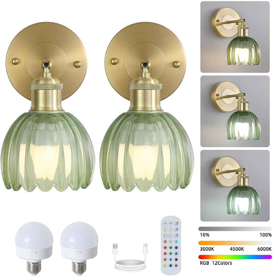 Rechargeable Vintage Wireless Wall Sconces - Gold LED Tulip Glass Lamps with Remote Dimming for Bedroom & Living Room