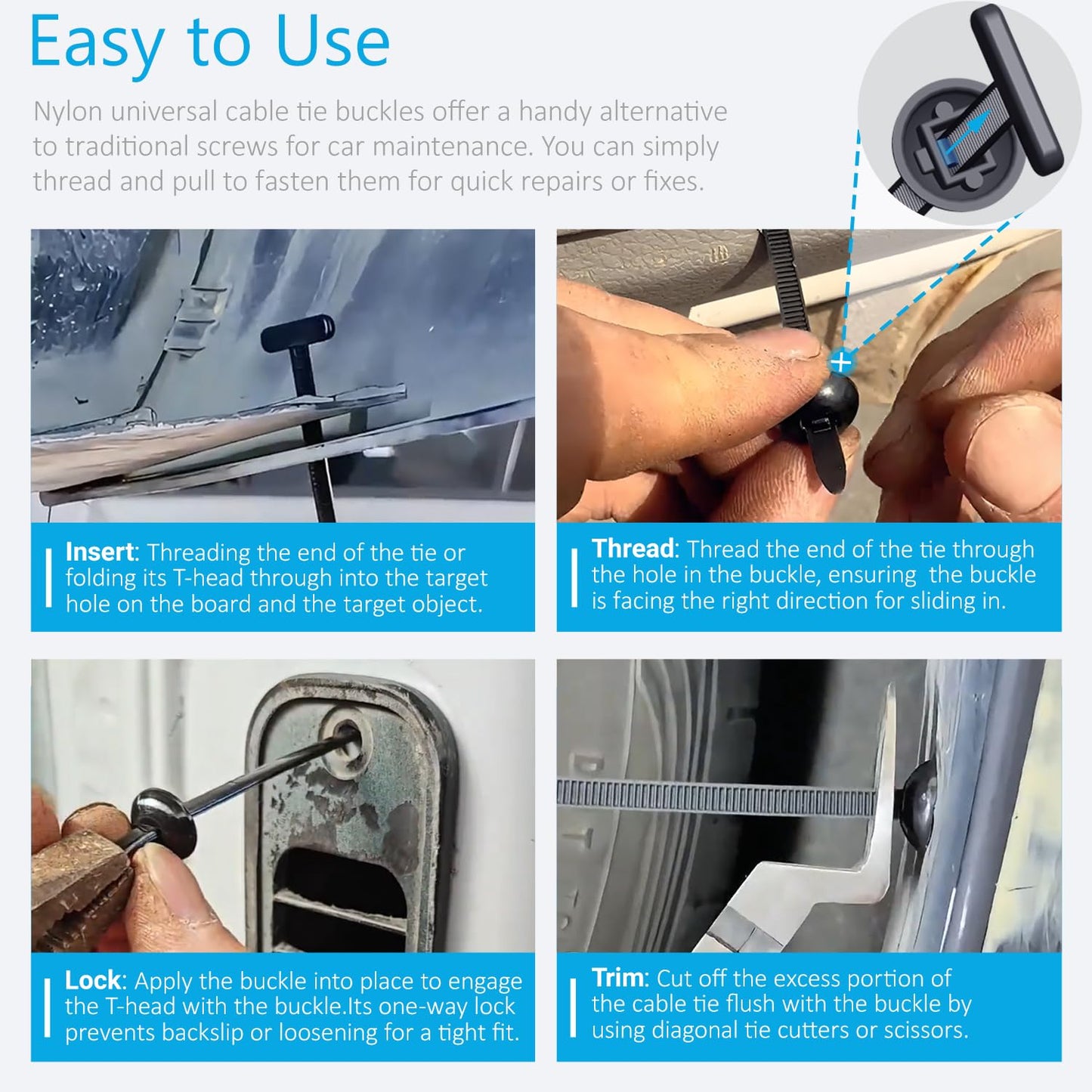 2026 Upgraded Nylon Universal Cable Tie Buckle, Heavy Duty Self-Locking Rivet Zip Ties, Multifunctional Cable Tie Buckle for Car Daily Repair, Home, Office, Garden, Workshop(100Pcs)