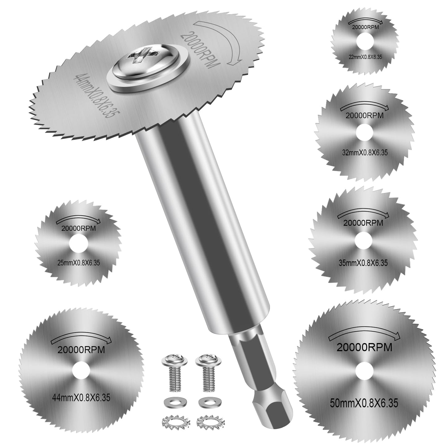 FOTYBEl Cutting Wheel for Drill, Rotary Tool Cutting Discs with 6pcs Steel Saw Blades, 1pc 1/4" Hex Long Shank, Power Rotary Tool Accessories for Cutting PVC Pipe Wood Plastic Soft Metal