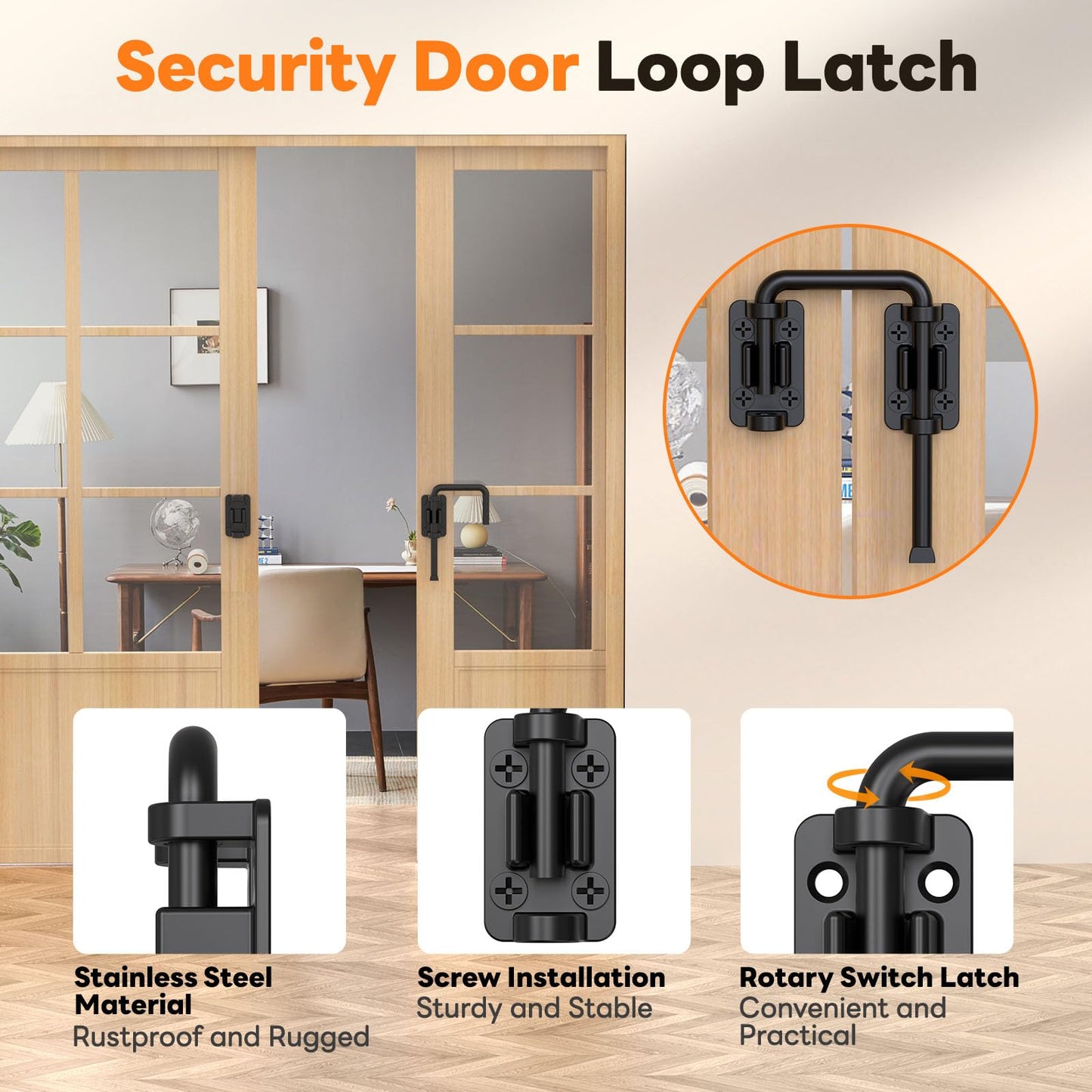 SecureLatch Sliding Door Loop Lock, 2.36 Inch Stainless Steel Patio Door Latch for Window, Barn, Garden, Fence, Shed, Closet, Double Gate - 90/180 Degree Installation U-Bolt Lock (Black-1PC)