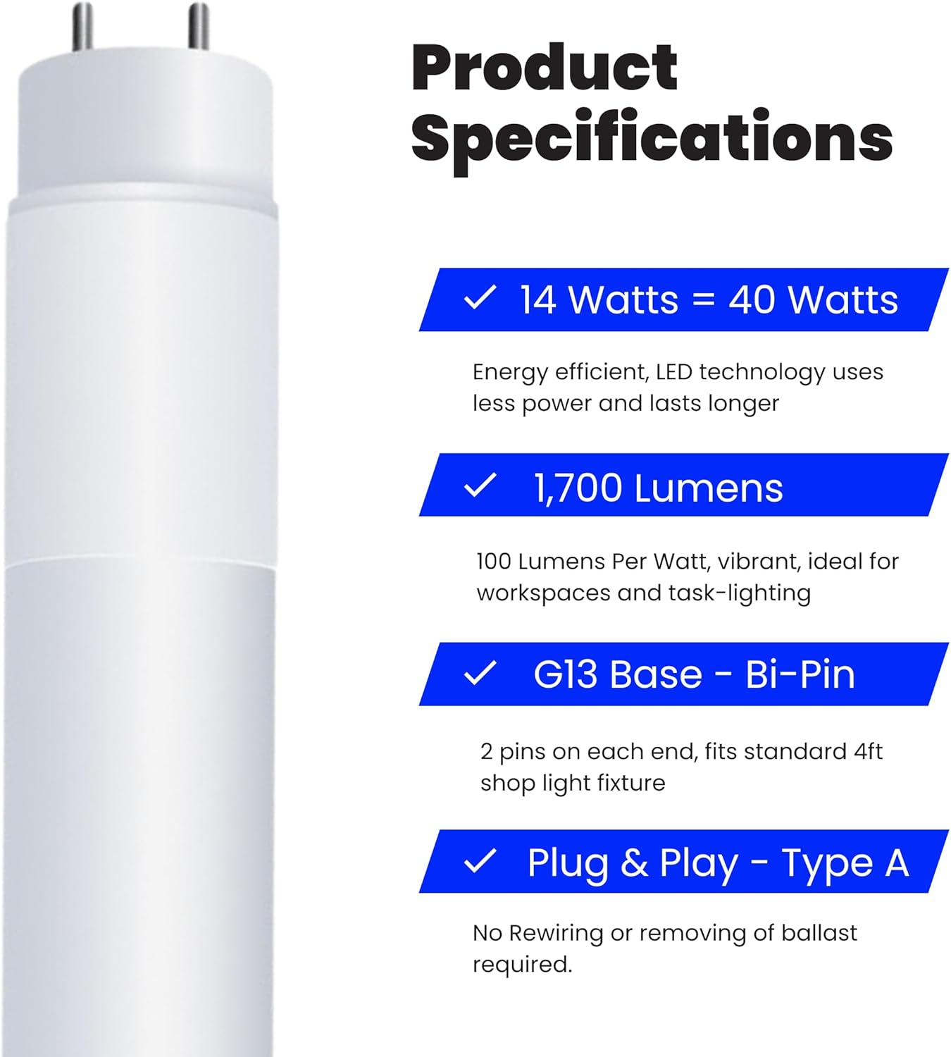 Feit Electric 4ft T8 LED Bulbs - 32W/40W Replacement, 3000K Warm White, 50,000-Hr Lifetime, Ballast Compatible - 4 Pack