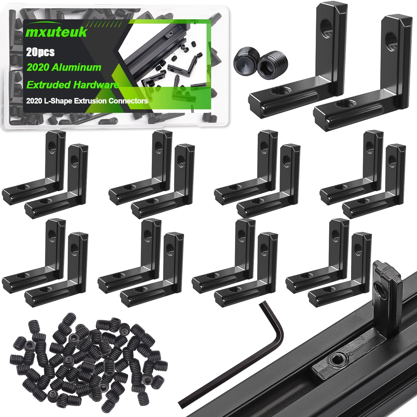 mxuteuk 2020 Aluminum Extruded Hardware with Screws,Black 2020 L-Shape Extrusion Connectors for 20/20 2040 V Slot Extruded Aluminum Profile