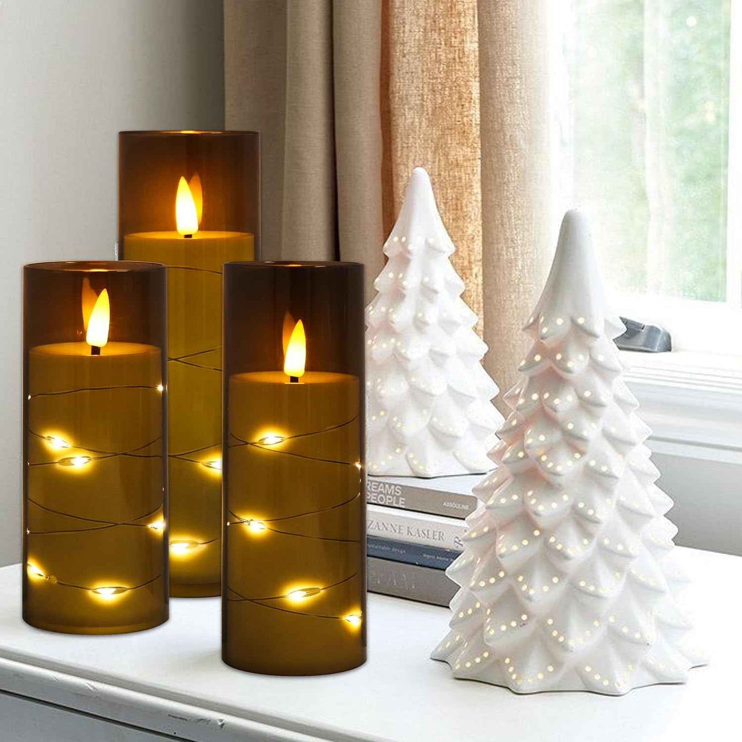 Flameless Candles Flickering LED Lights 7 PCS Battery Operated Candles with Remote & Timer, with Embedded Star String Lights for Home Decoration Wedding Festival Cafe Restaurant (Grey)