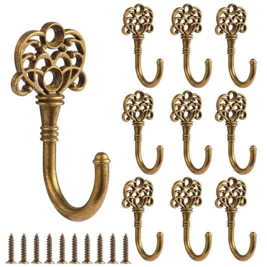 XHIPY 10 PCS Vintage Metal Wall Hooks, Bohemian Decorative Hook with Screws, Wall Hooks for Hanging Towel/Coat (Bronze)