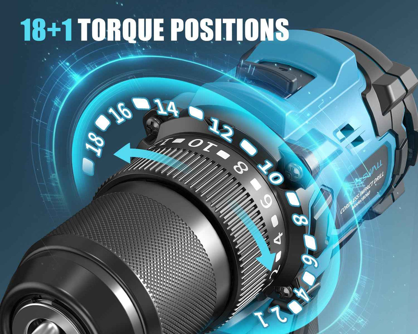 Tilswall 20V Cordless Drill, Power Drill with 65N.m High Torque, 18+1 Torque Settings, 1/2-Inch Keyless Chuck, Two Variable Speed, Battery and Charger, with LED for Craftsmen DIY