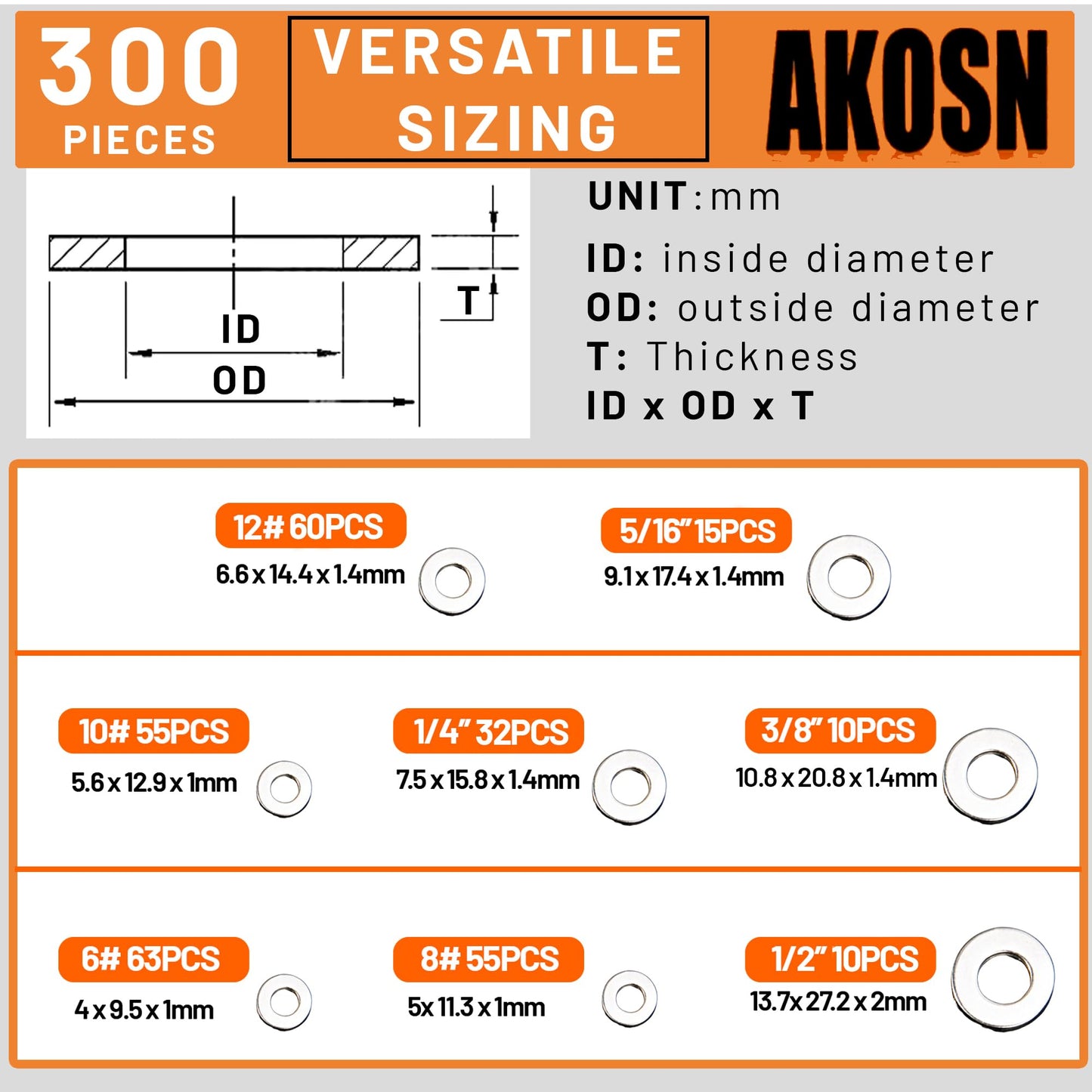 Stainless Steel Flat Washers Assortment Kit, SAE 304, 300-Piece Metal Screw Washers Set for Bolts, 8 Sizes #6; #10; #12; 1/4"; 5/16"; 3/8"; 1/2"