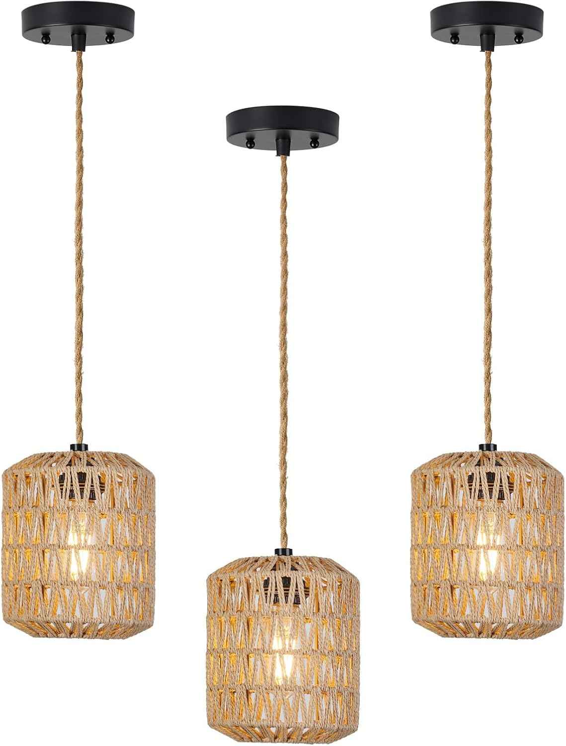 Boho Rattan Pendant Light with 3 Bulbs & 22ft Cord - Woven Hanging Chandelier for Bedroom, Kitchen, Hallway