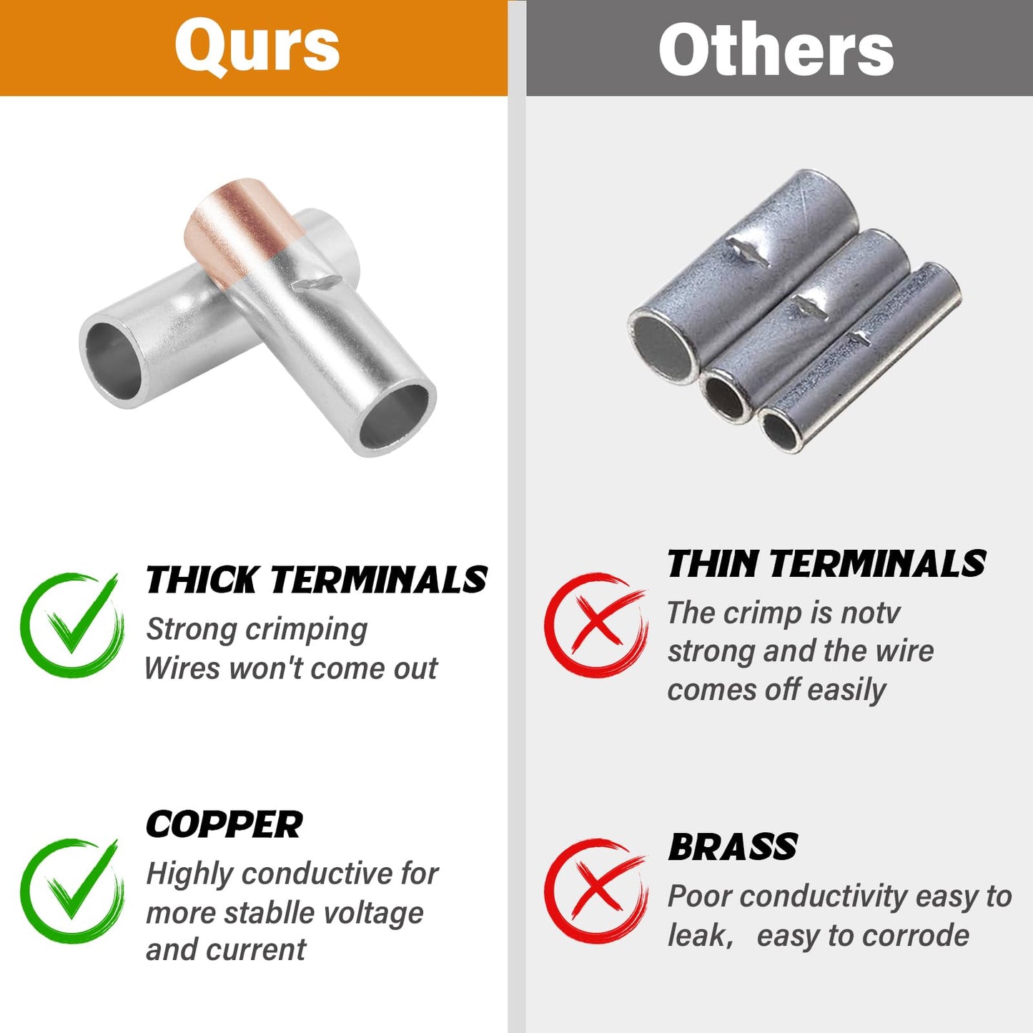 JTAREA 7 Values Non Insulated Butt Connectors Crimp with Heat Shrink Tube Uninsulated Wire Crimps Connector Pure Copper Splice for 22-16 16-14 14-12 12-10 8 6 4 AWG Gauge Wiring (Pack of 100pcs)