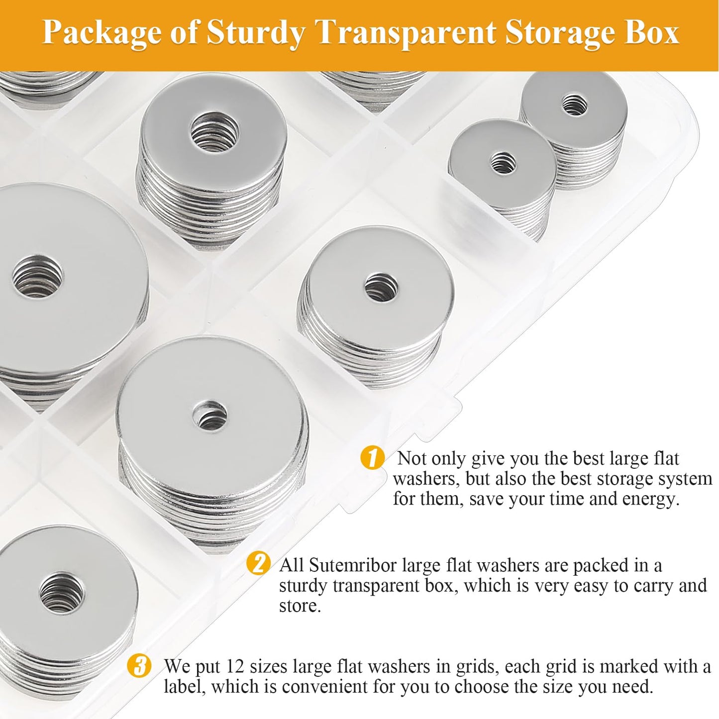 Sutemribor 102 Pieces Stainless Steel Fender Washers, Flat Washers, Metal Washers for Screws Bolts, Fender Washers Assortment Kit, Assorted Washers Set (M3 M4 M5 M6 M8 M10 M12)