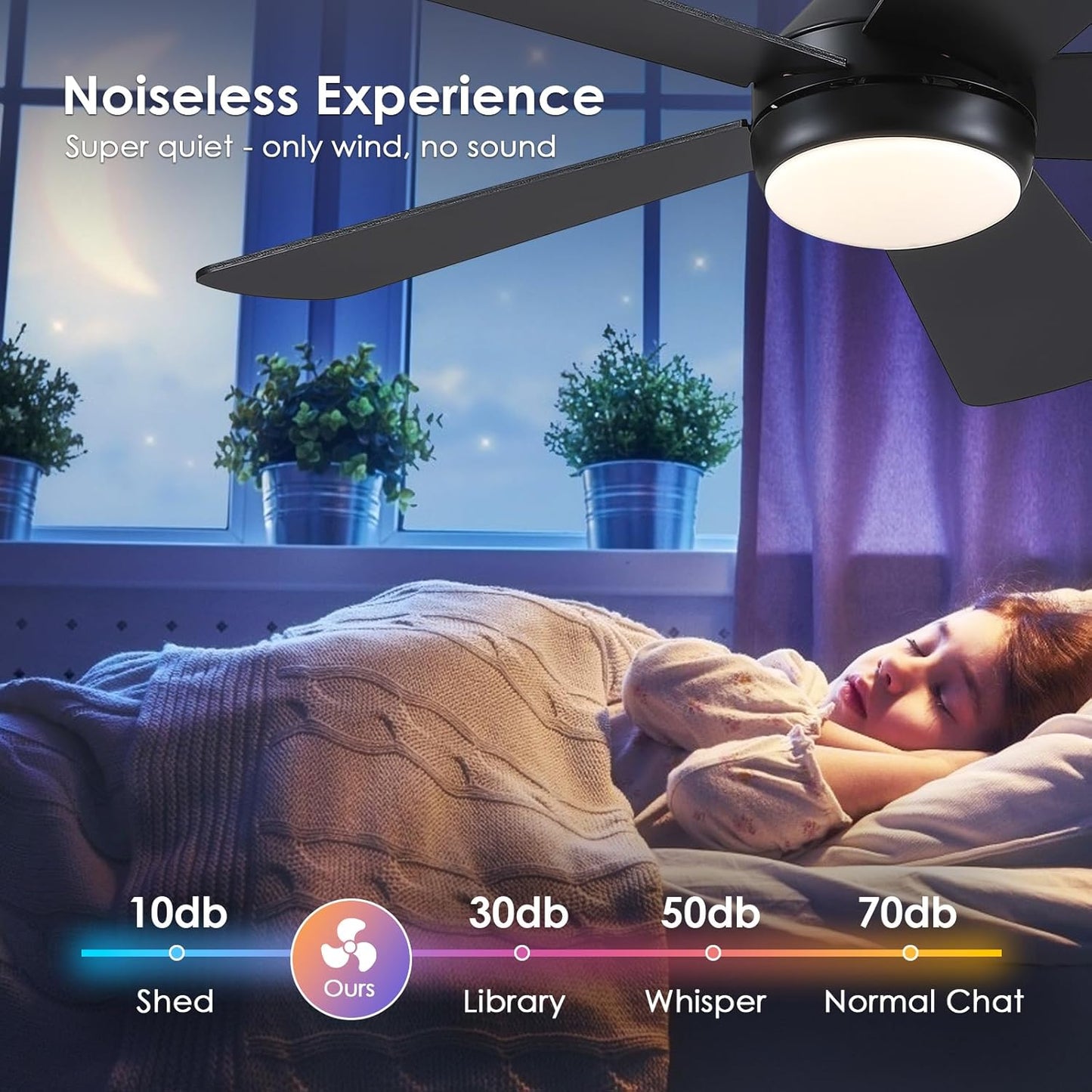 46” Black Low Profile Ceiling Fan with Lights & Remote Control - Dimmable, Noiseless, Reversible for Bedroom
