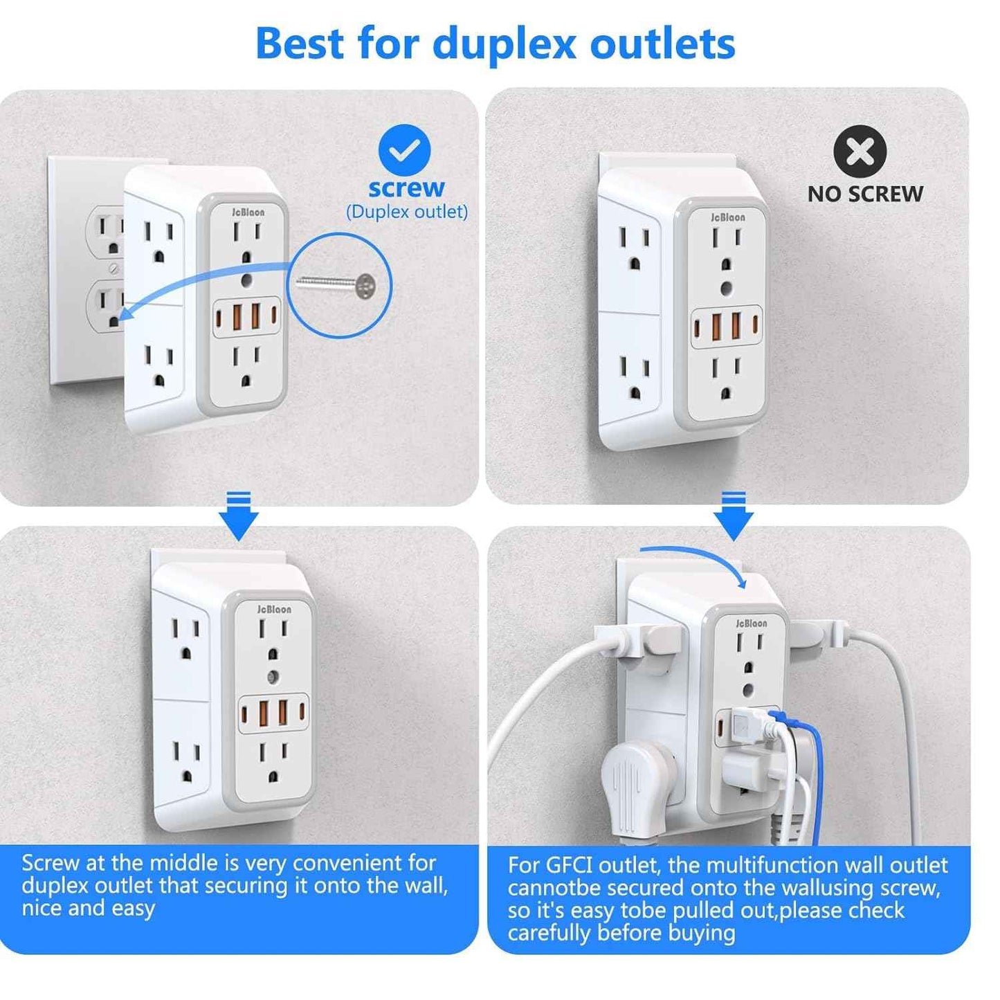 2 Pack Wall Charger, Surge Protector 6 Outlet Extender Multi Plug Wall Outlets with 4 USB Charging Ports (2 USB C Outlet) 3 Sided 1050J Power Strip Wall Adapter Spaced for Home Travel Office