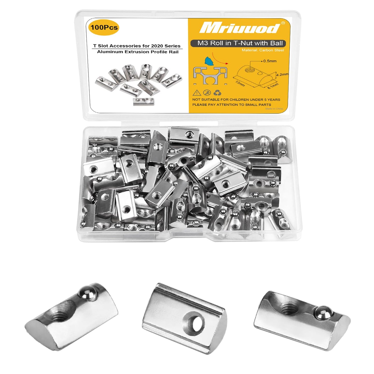 M3 Roll in Spring Loaded T Nut 100pcs M3x0.5mm T-Nuts Carbon Steel Nickel Plated for 20x20 20 Series Aluminum Extrusions 3D Printer Replacement Tiny Nuts