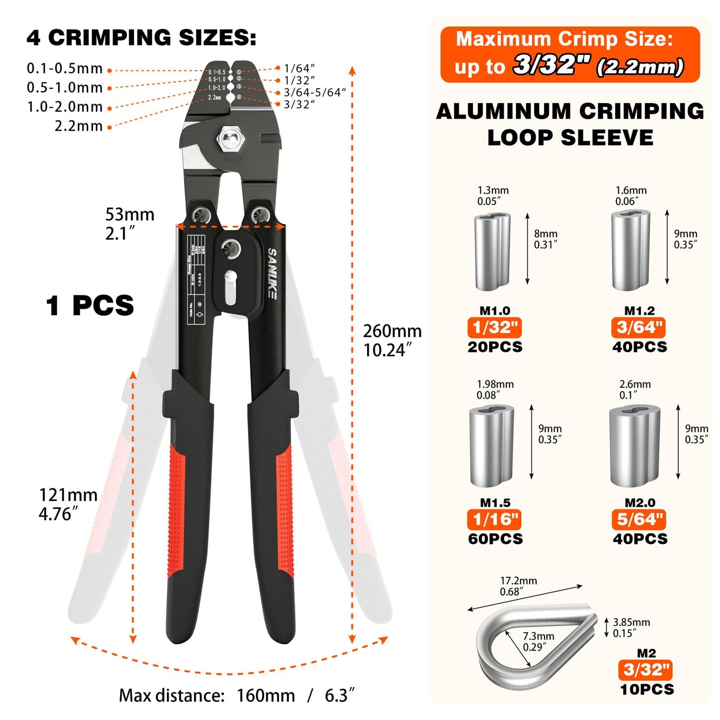 Sanuke Wire Rope Crimping Tool for 3/64 1/16 5/64 inch Aluminum Crimping Loop Sleeves Kit with 160pcs Aluminum Crimping Loop Sleeve and 10pcs Stainless Steel Thimble
