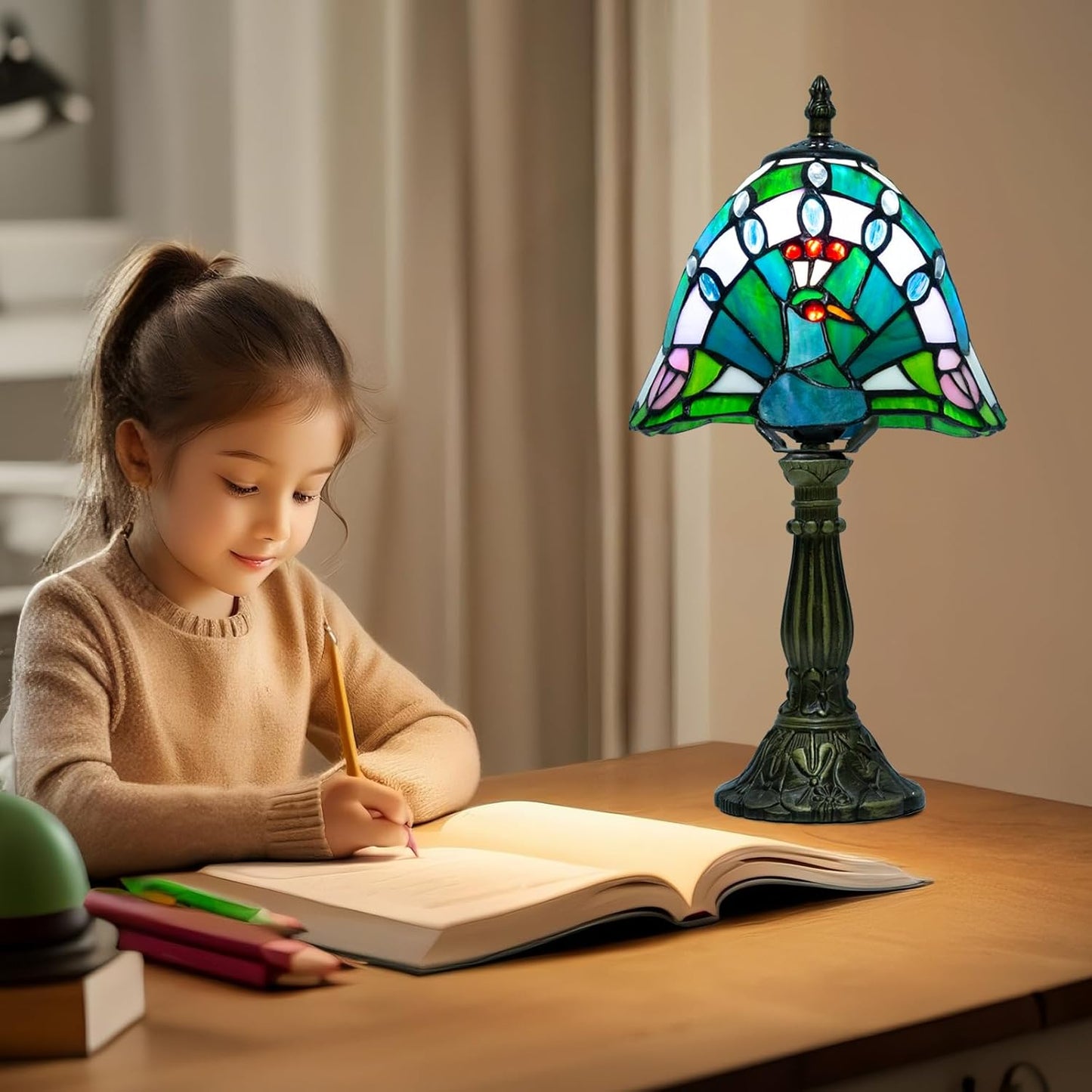 Tiffany Table Lamp - 8 Inch Antique Stained Glass, 3 Color Temperatures, Handcrafted for Bedroom & Living Room
