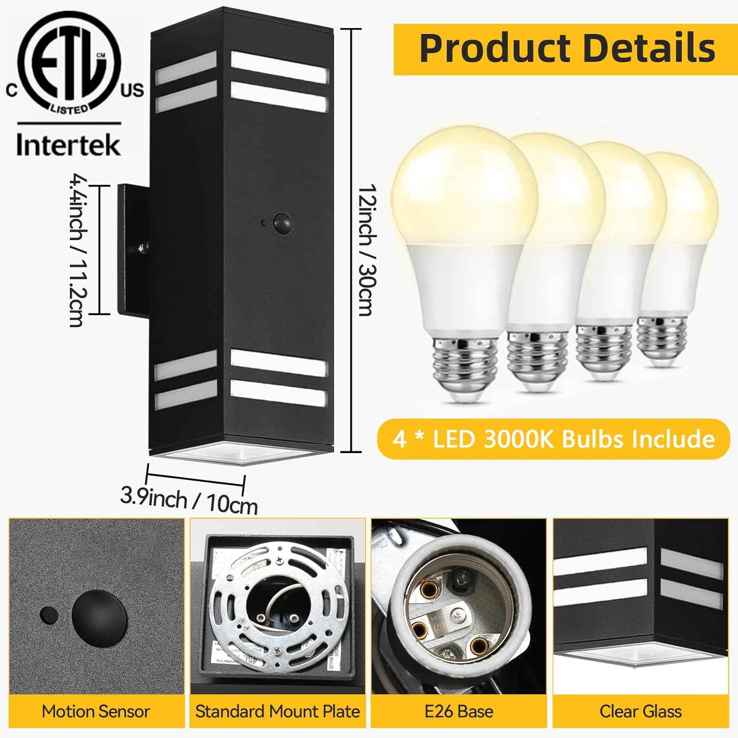 Modern Outdoor Wall Lights - Dusk to Dawn Square Matte Black Sconce with Bulbs, Aluminum Anti-Rust Up & Down Lighting for Porch & Garage