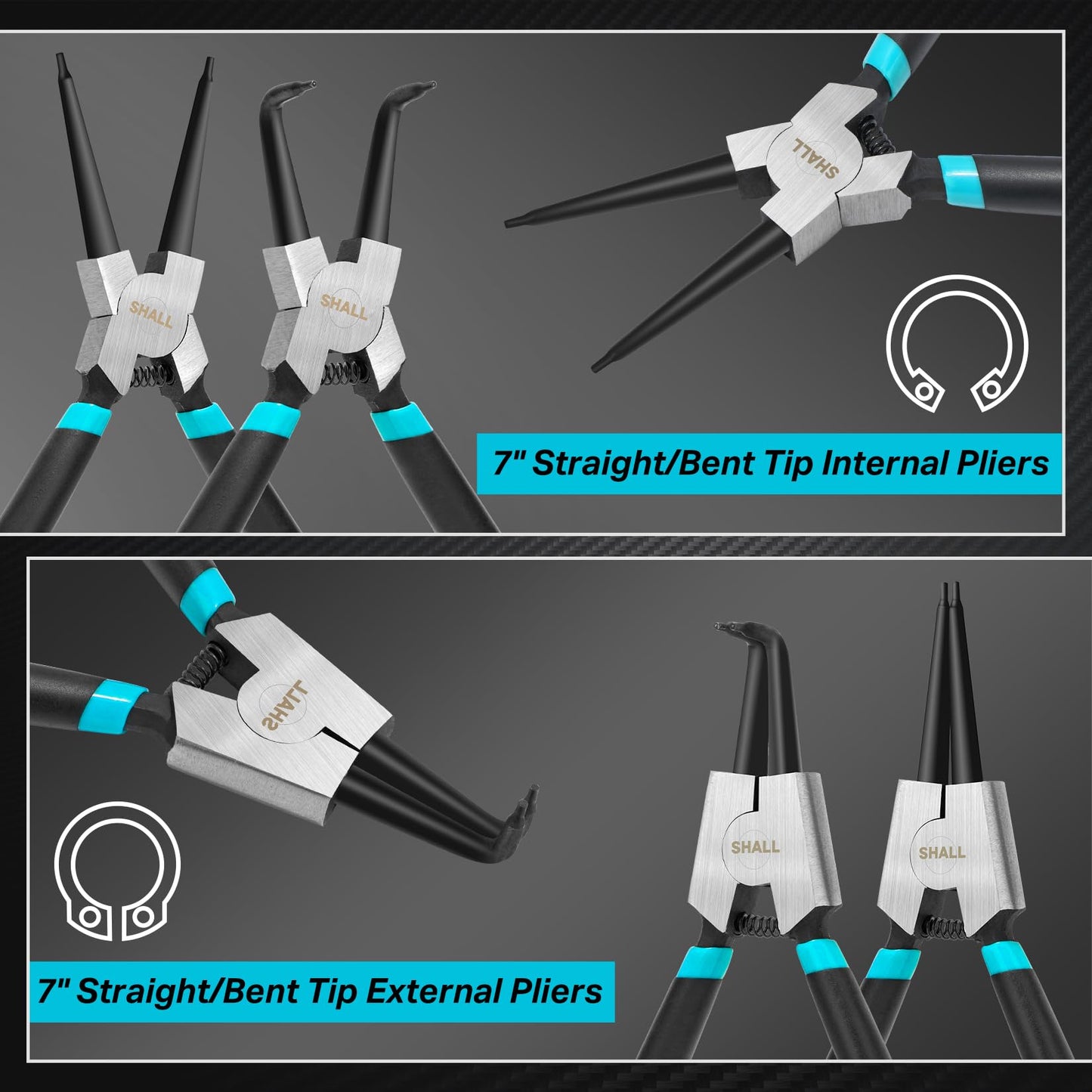 SHALL 4PCS Snap Ring Pliers Set, 7-Inch Internal External Circlip Pliers, Straight Bent C-clip Pliers Lock Ring Pliers, 5/64" Tip, Heavy Duty Reverse Pliers for Ring Remover Retaining w/Portable Pouch