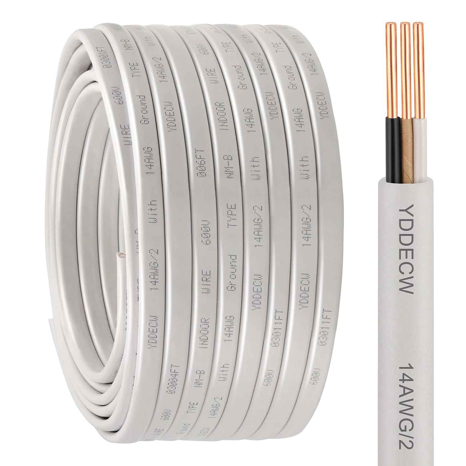 14 Gauge NM-B Wire with Ground - 50FT Pure Copper Indoor Electrical Cable for Outlets & Switches