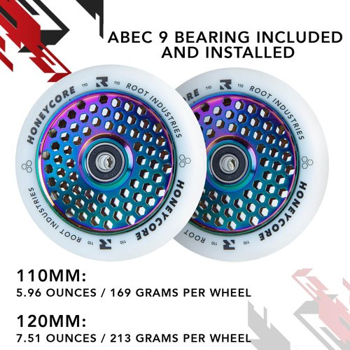 Honeycore Wheels 110mm - 120mm Pro Scooter Wheels Pair - Fits Most Setups - 24mm x 110mm - 120mm - Bearings Installed - 90 Day Warranty - Scooter Wheels (White/Rocket Fuel, 110mm)