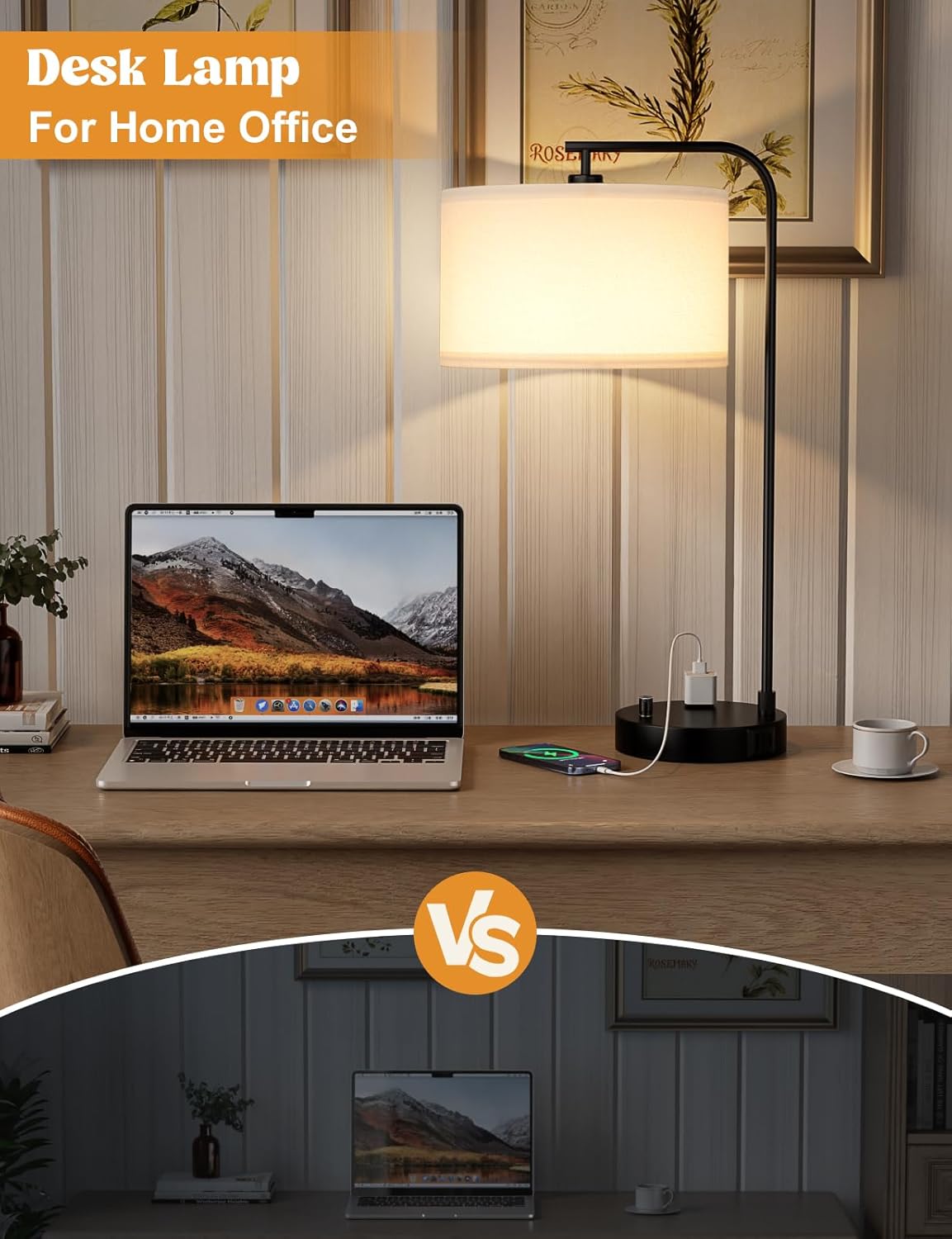 Dimmable Tall Table Lamp with USB Port & Outlet - Linen Shade Bedside Desk Lamp for Bedroom, Living Room, Home Office