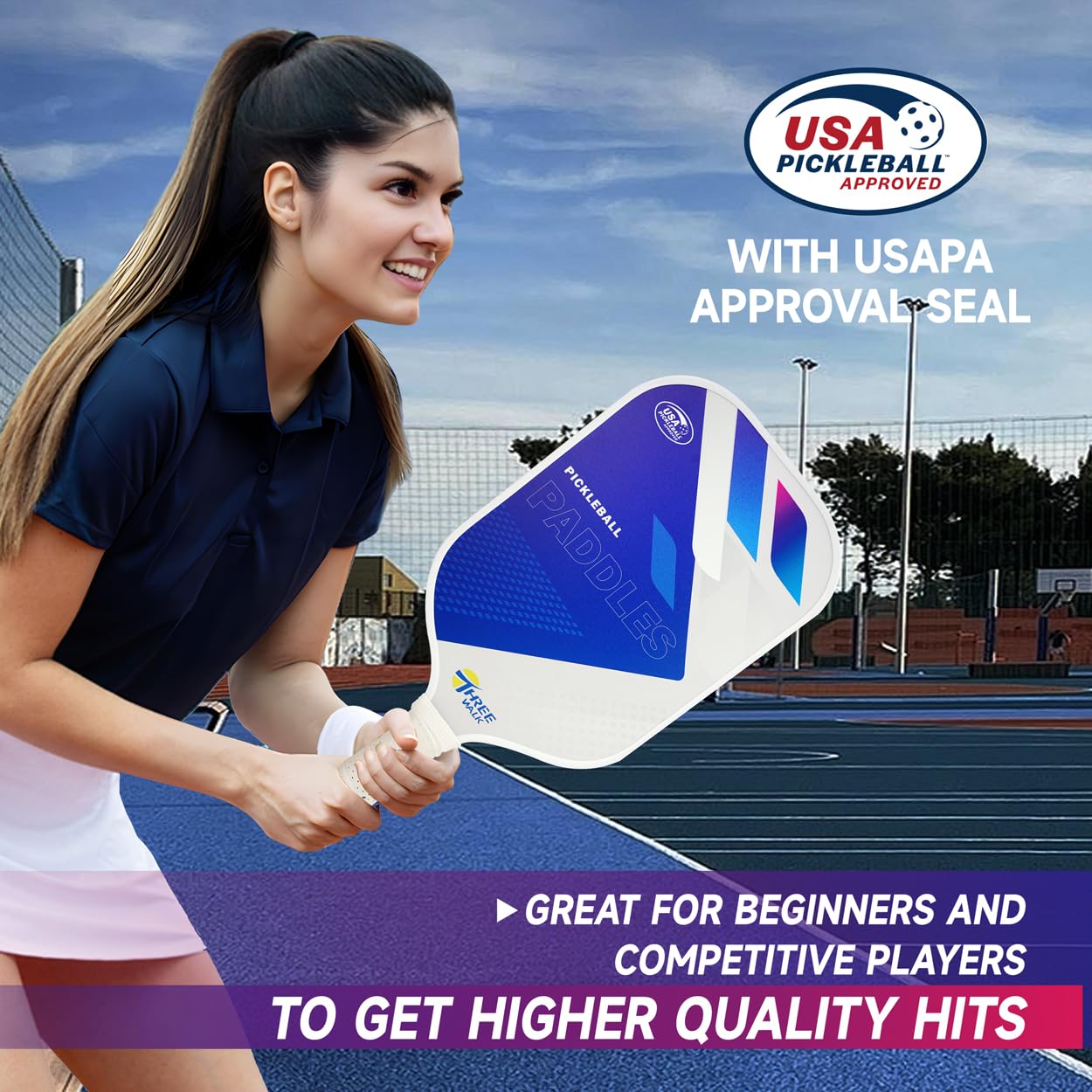 THREEWALK USAPA Approved Pickleball Paddle – Carbon Fiber Surface & Quiet 16mm Poly Core | Lightweight Control Paddle with Extended Handle & Edge Guard (Includes Paddle Cover, Blue/White)