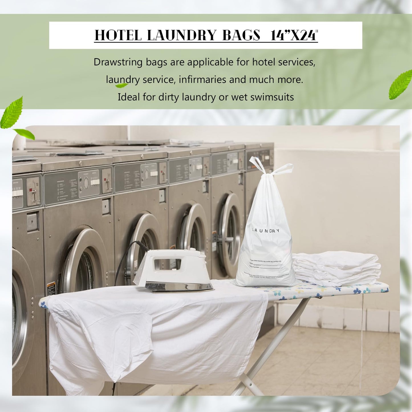 Wowangce 100 Pack Hotel Laundry Bags Bulk 1.38 Mil 14" x 24" Laundry Plastic with Drawstring Closure Writing Strips Patient Personal Belongings Dirty Clothes Bag for Factory Travel Hospital