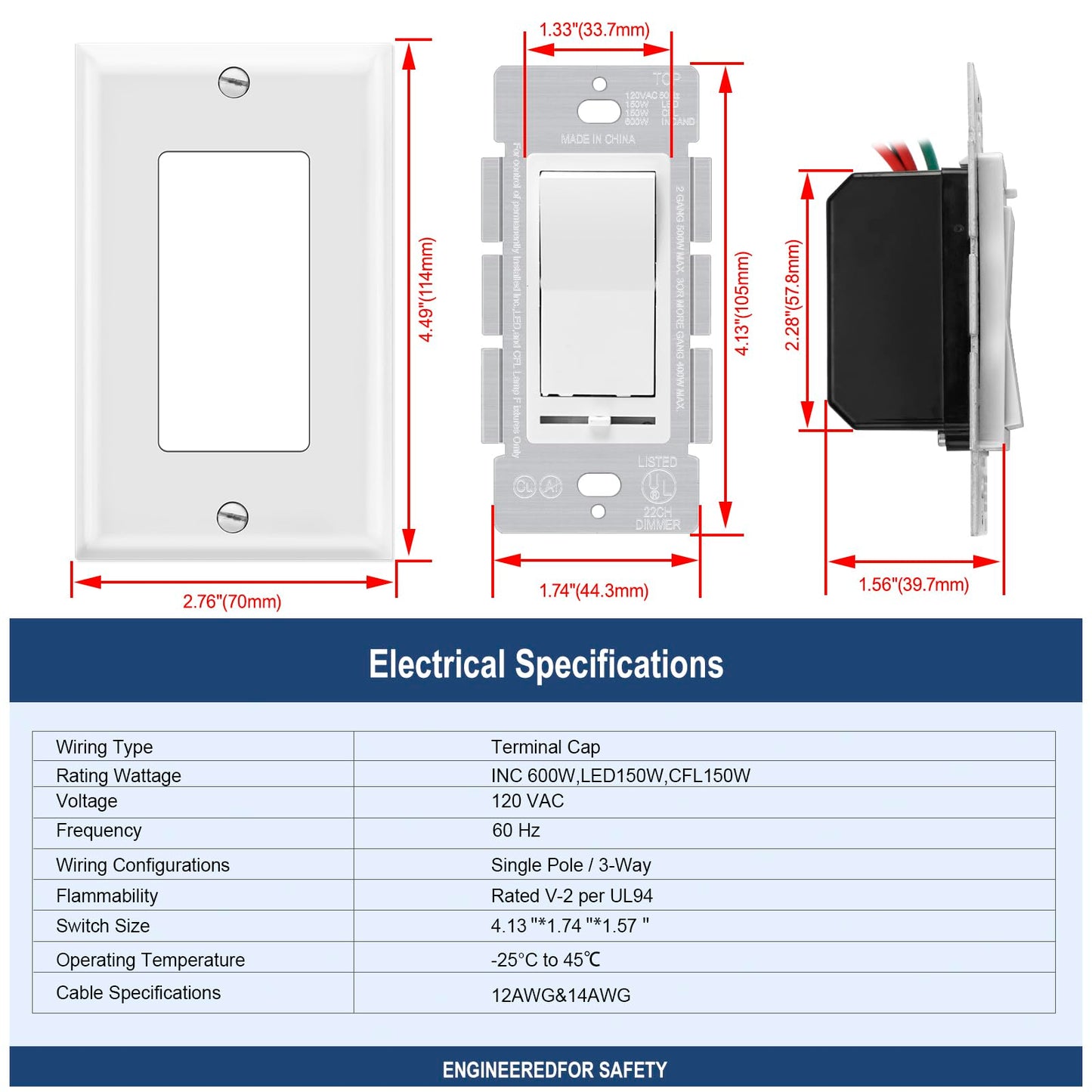 Heschen 1 Pack Dimmer Light Switch, Single Pole or 3-Way,150W Dimmable LED/CFL Lights, Halogen and Incandescent Bulbs 600W Max, AC120V, Cover Plate Included, White, UL Listed