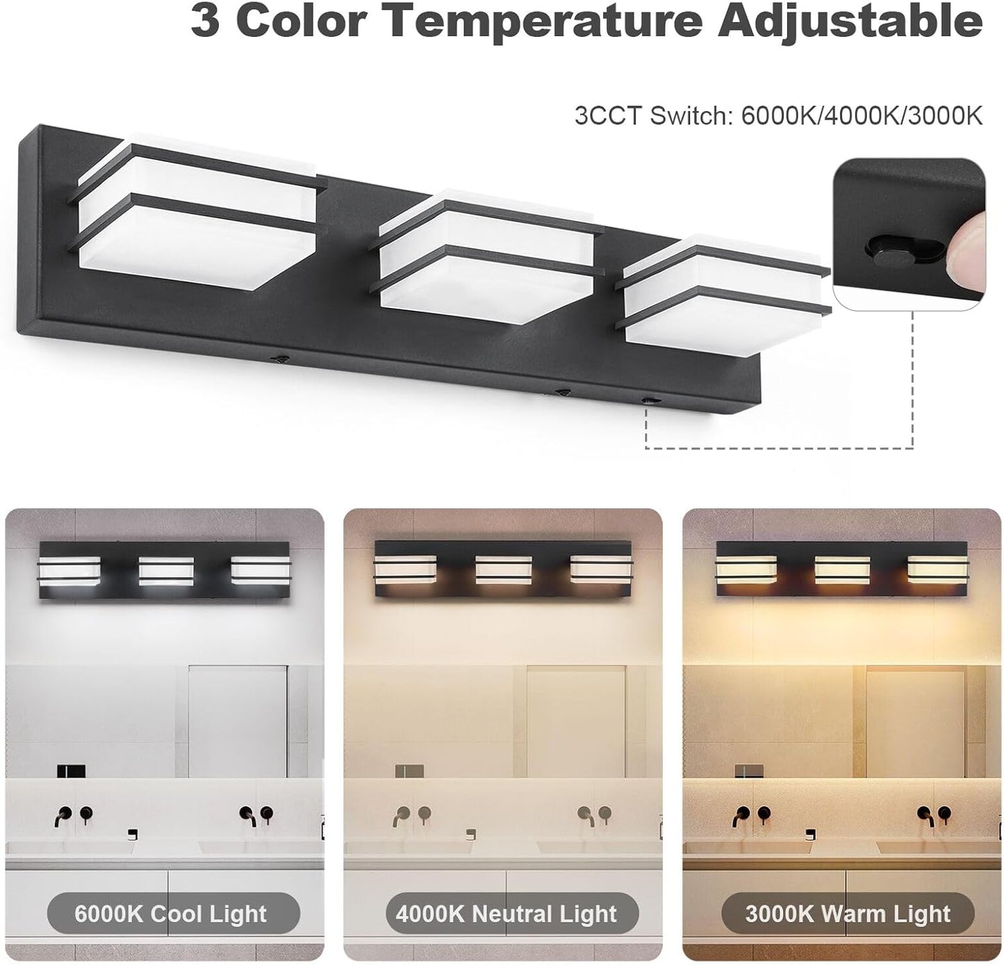 LED Chrome 3-Light Dimmable Bathroom Vanity Light Fixture - Modern Acrylic & Stainless Steel Over Mirror Lighting