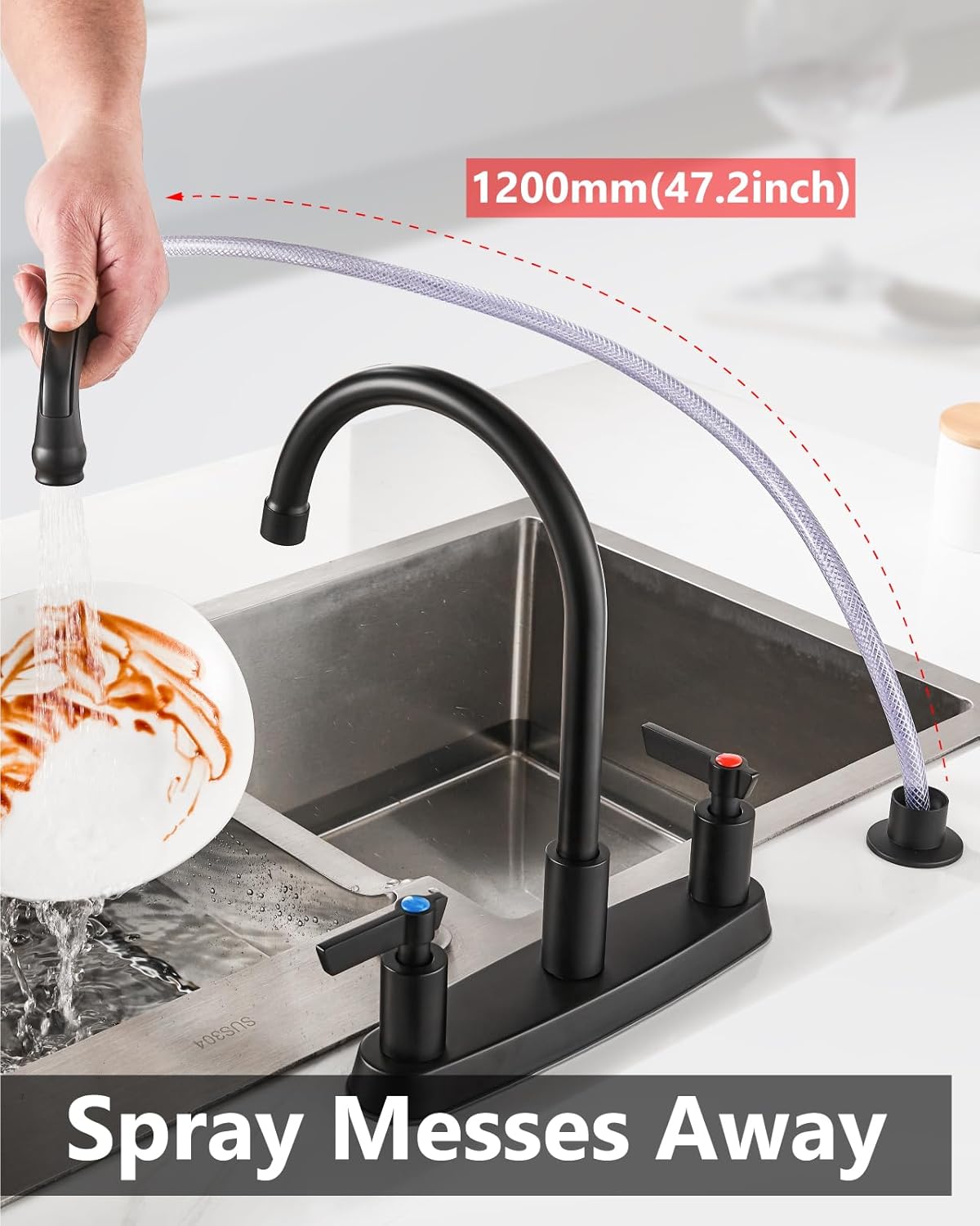 Brushed Nickel Kitchen Faucet with Sprayer - 2 Handle 8-Inch Centerset 3 Hole