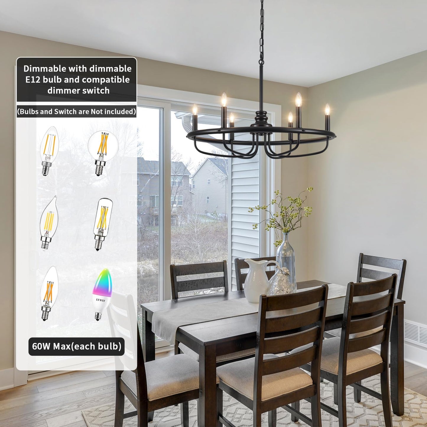 ETONIMERR Black Dining Room Light Fixture 6 Light, Rustic Farmhouse Chandelier Hanging Light Fixture, Metal Candle Kitchen Chandeliers for Living Room Bedroom Foyer