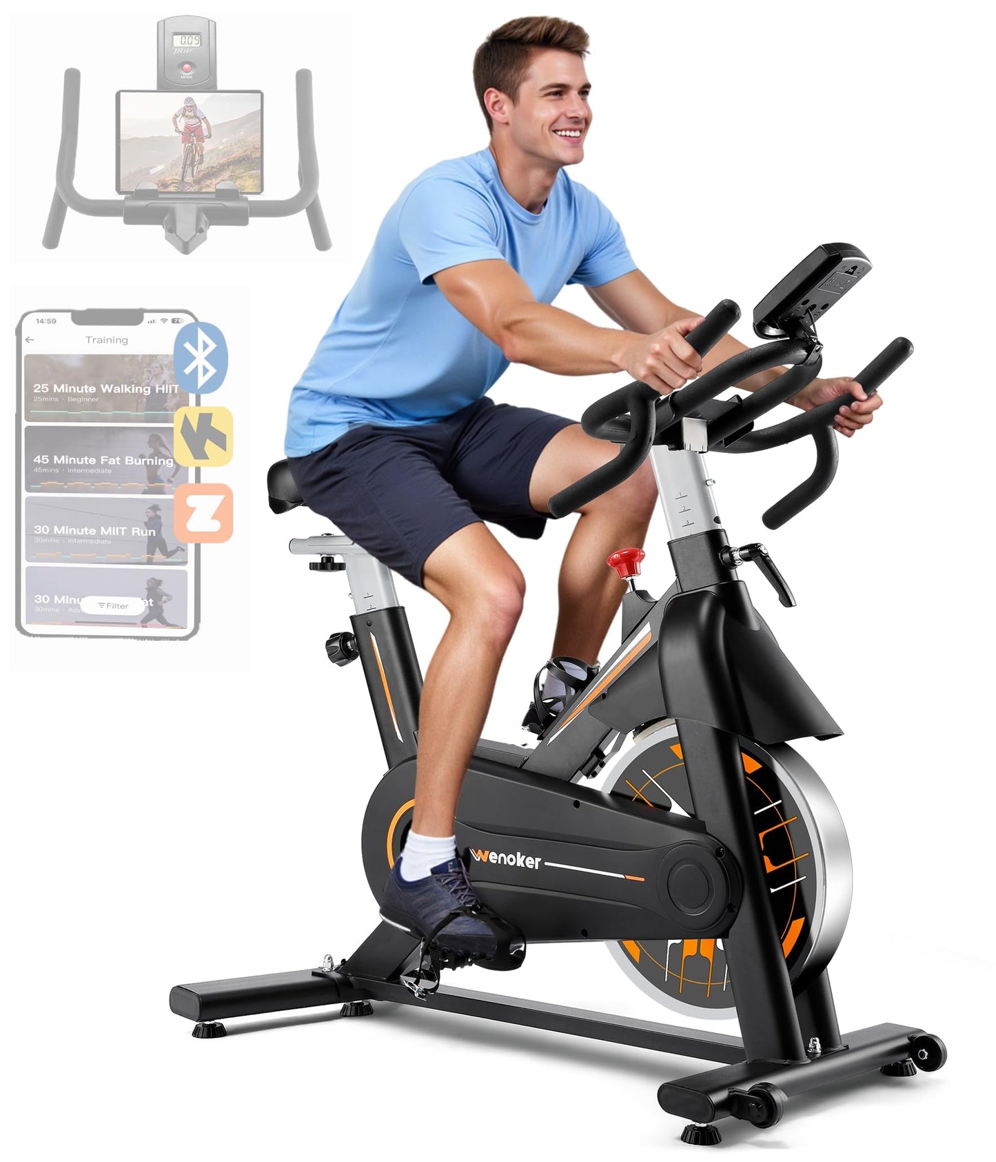 Wenoker Exercise Bike, Brake Pad Stationary Bike for Home with 350LB Weight Capacity, Low Noise, with Adjustable Seat and Multi-grips Handlebar, Tablet Holder and Fitness Courses for Weight Loss