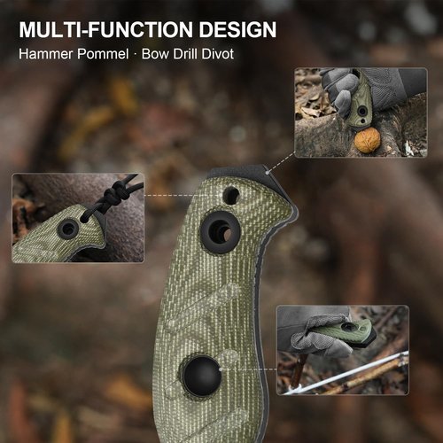 Kizer Sheepdog Survival Fixed Blade Knife, 5.28" 1095 Thick Blade, Green Micarta Handle, Fixed Blade Hunting Knife with Kydex Sheath, Camping Fixed Blade Knives with Hammer Pommel, 1105A4
