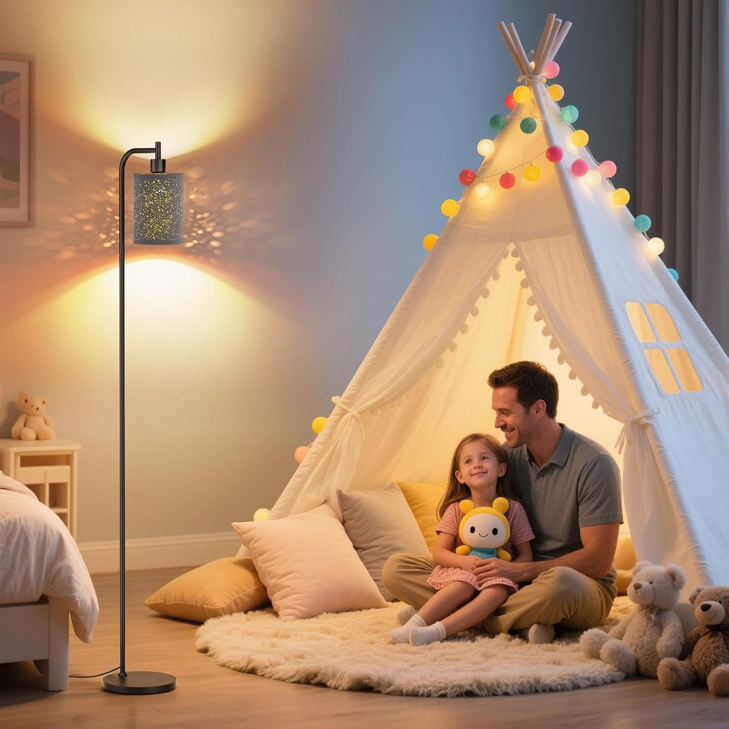 Dimmable Floor Lamp with Linen Shade & Remote Control - Modern 9W LED Standing Lamp for Living Room, Bedroom, Office