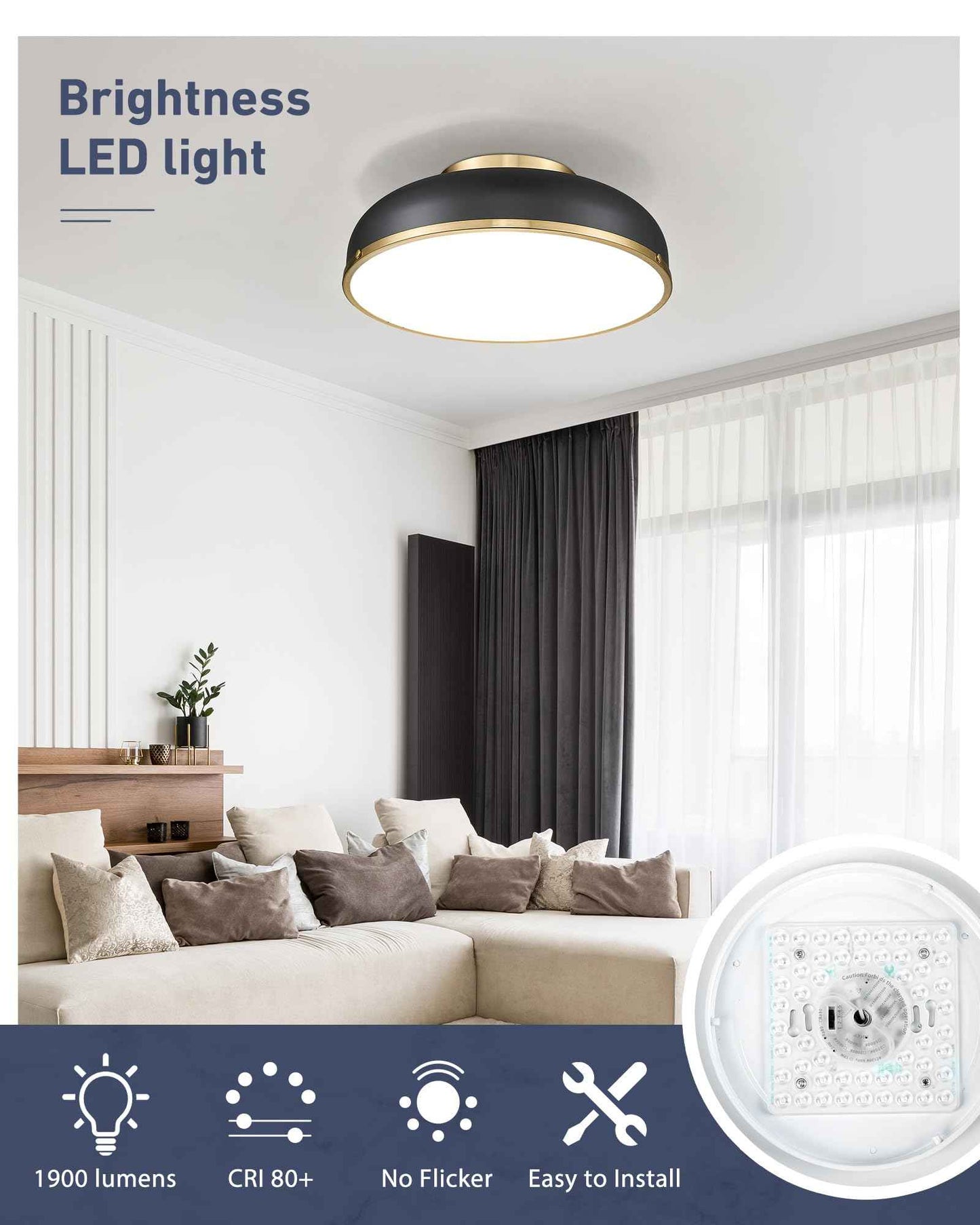 kudos Ceiling Light, 16-inch LED Flush Mount Ceiling Light, Black and Gold Finish, 30W/1900lm Light Fixtures Ceiling Mount for Bedroom,Hallway, 3000K/3700K/4500K/5100K/6000K Adjustbale, KDCL15-BK-L