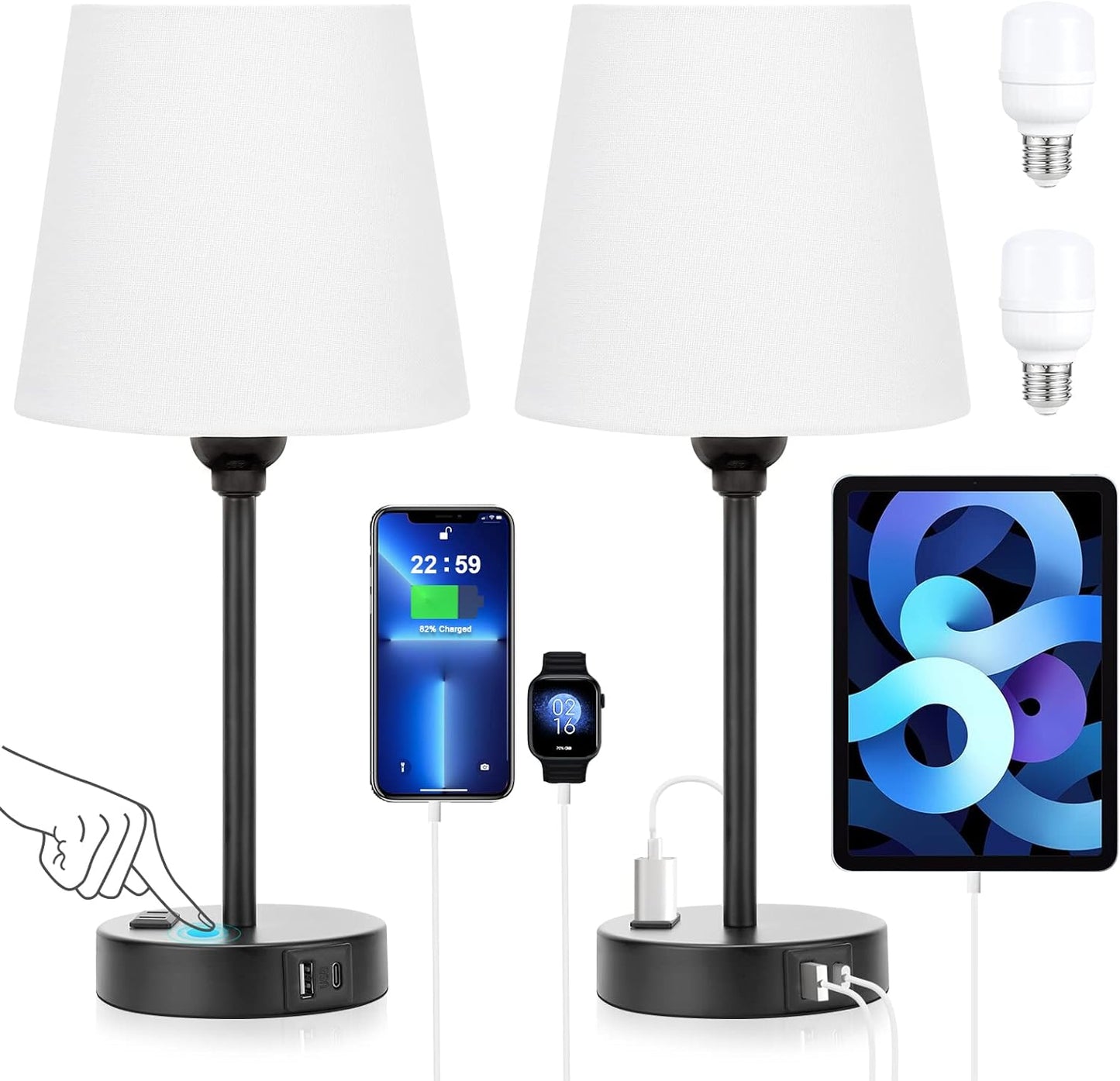Set of 2 Mini Bedside Lamps with USB-C & AC Outlet - Dimmable Touch Nightstand Lights for Bedrooms