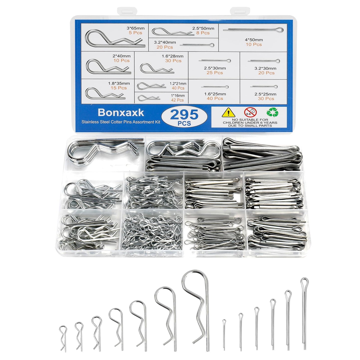 295 Piece Cotter Pin Kit, Stainless Steel 13 Sizes Spring Fasteners, R-Clip Hardware Pins, Straight Pins, Hitch Pins for Trailer Lockouts, Trailer Clips, Mowers, Trucks, Mechanic's Choice.