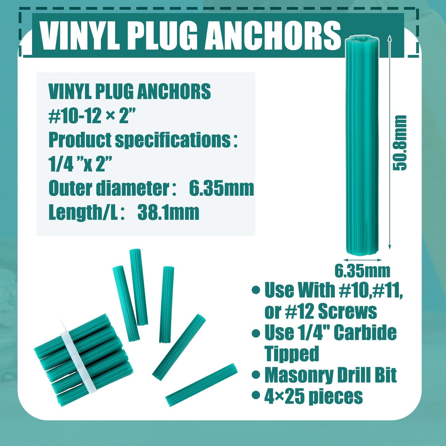 Lineshading 100 Pcs Expanding Plastic Concrete Anchors Screw Anchors Drywall Wall Expansion Pipe for Hollow Walls Tile Cement Bolt Expansion Tube(1/4" X 2" for #10,#11, or #12 Screws,Green)