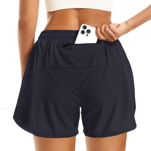 APWKL Women's 2 in 1 Athletic Running Shorts Quick Dry Workout Casual Gym Sweat Shorts Mesh Comfy Liner Zipper Pockets(Black,3XL)