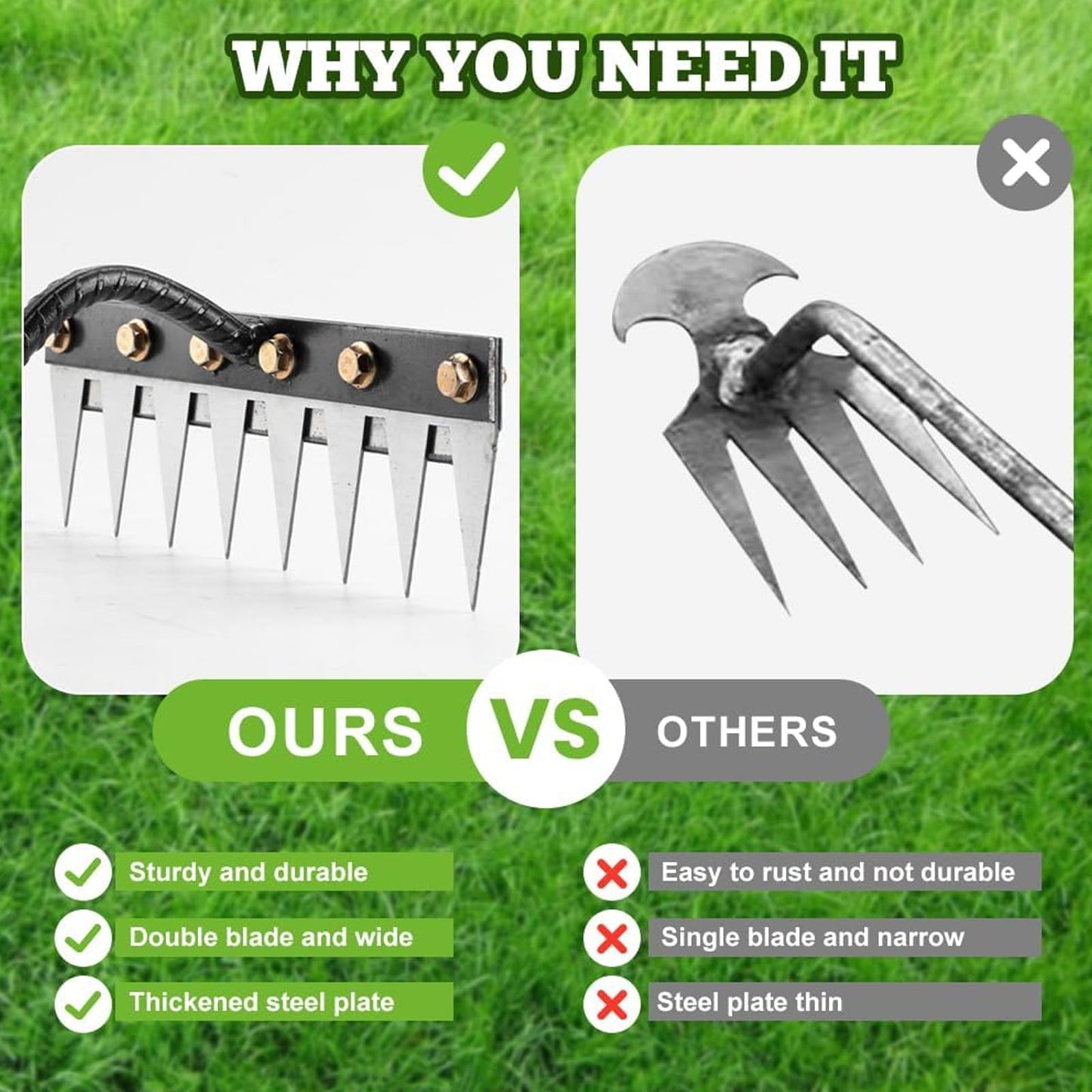 Garden Weeding Rake, Upgraded Detachable Weeder Puller Tool, Manganese Steel Iron Weeding Rakes for Weeding, Yard, Farm... (5 Tines)